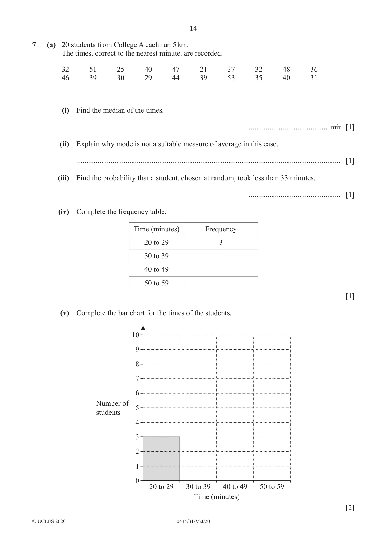 Cambridge IGCSE Mathematics (US) 0444 2020 May/June Paper 3 · Variant 1 question paper, page 14 of 20