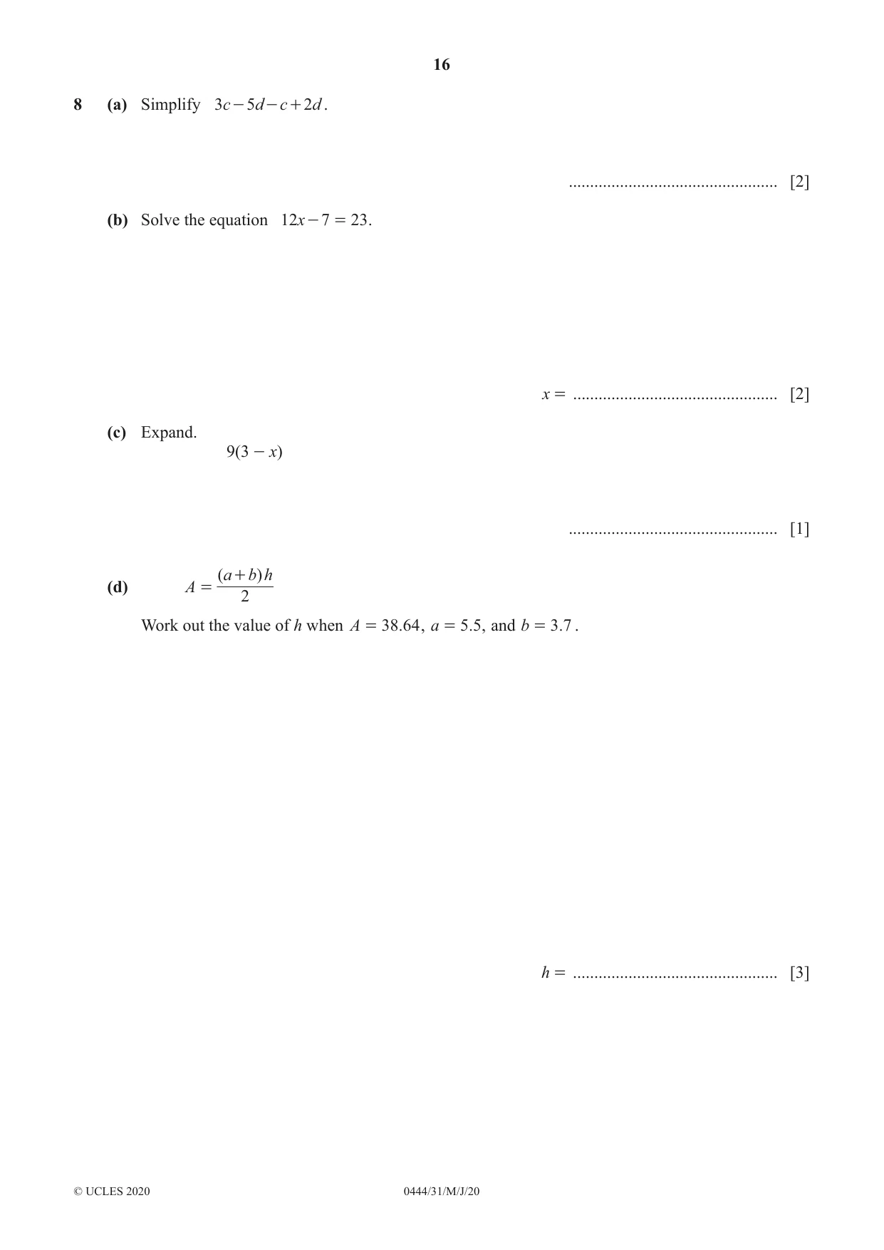 Cambridge IGCSE Mathematics (US) 0444 2020 May/June Paper 3 · Variant 1 question paper, page 16 of 20
