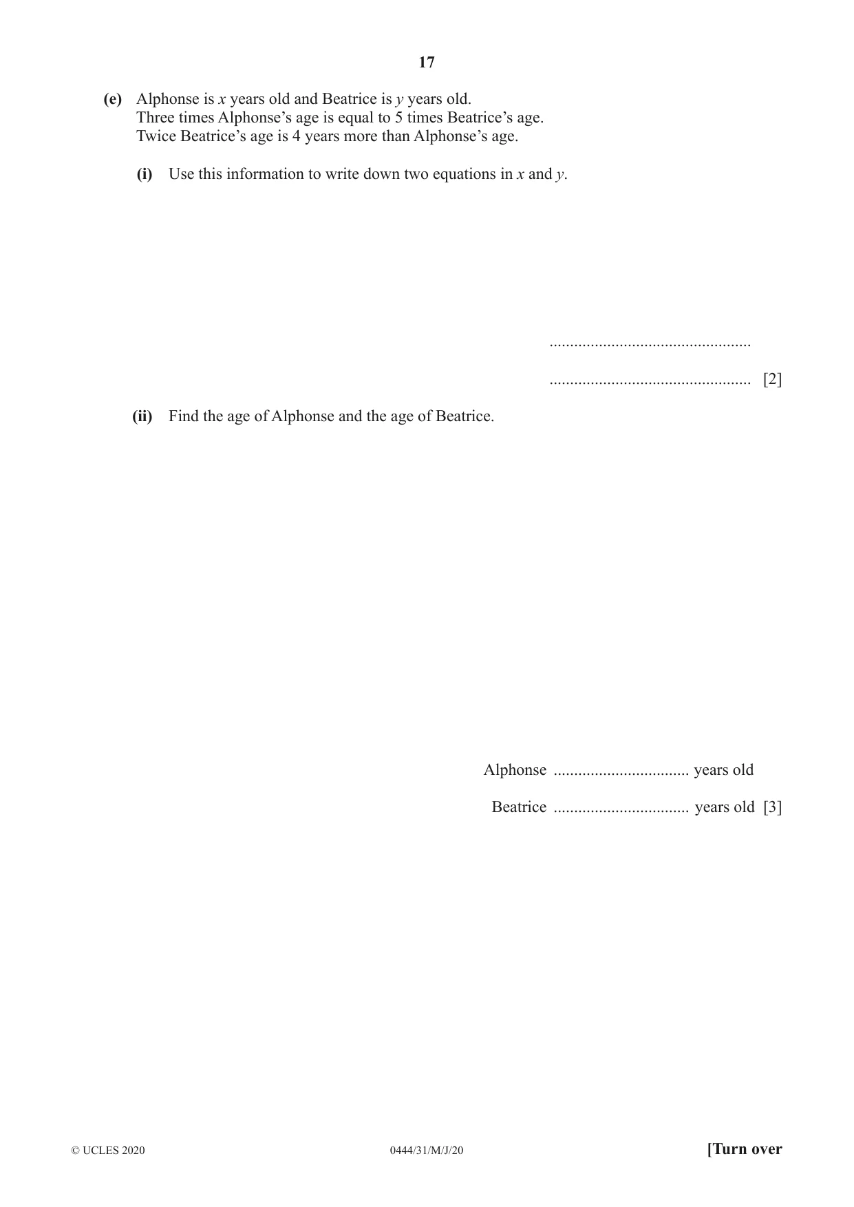 Cambridge IGCSE Mathematics (US) 0444 2020 May/June Paper 3 · Variant 1 question paper, page 17 of 20