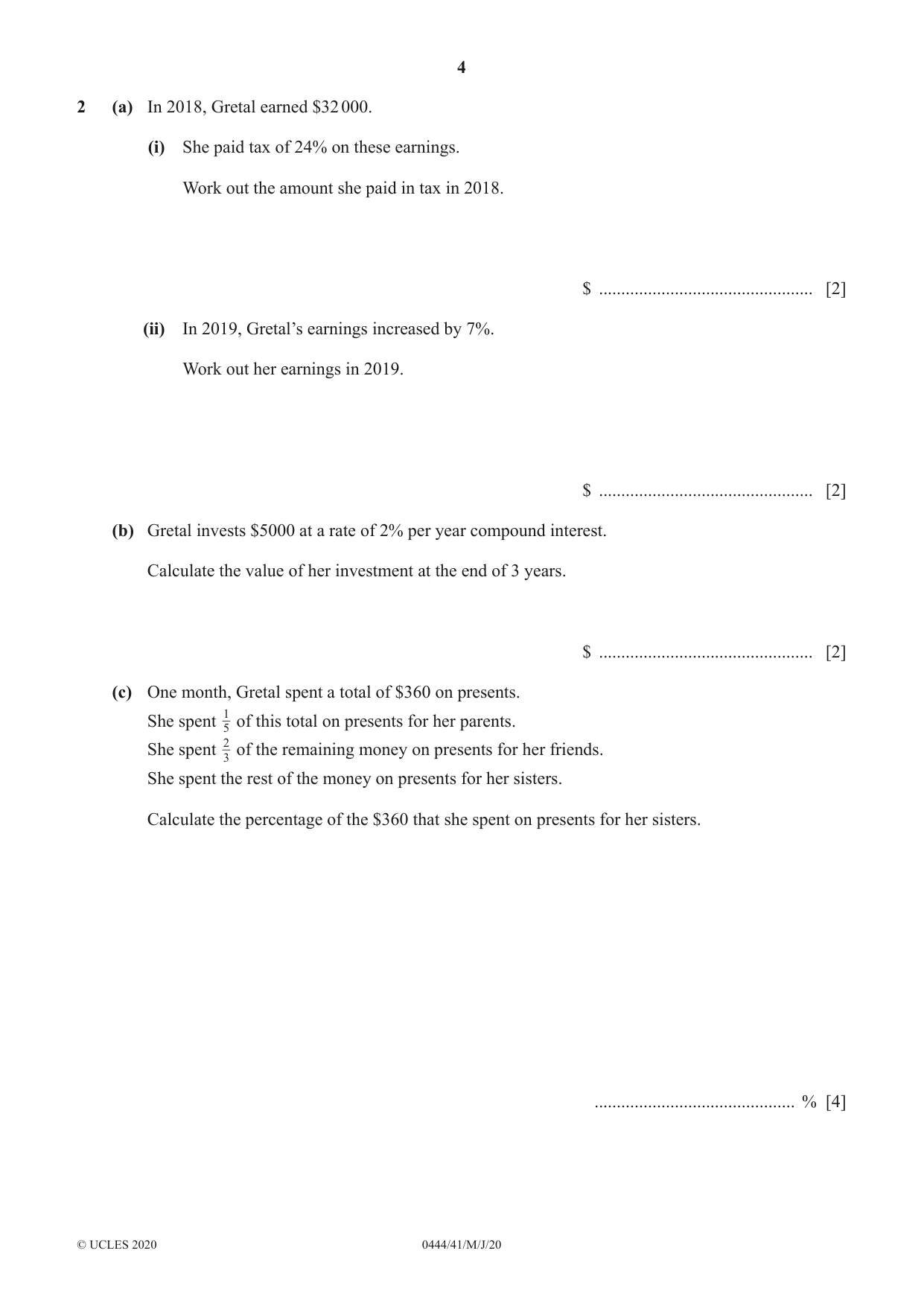 Cambridge IGCSE Mathematics (US) 0444 2020 May/June Paper 4 · Variant 1 question paper, page 4 of 20