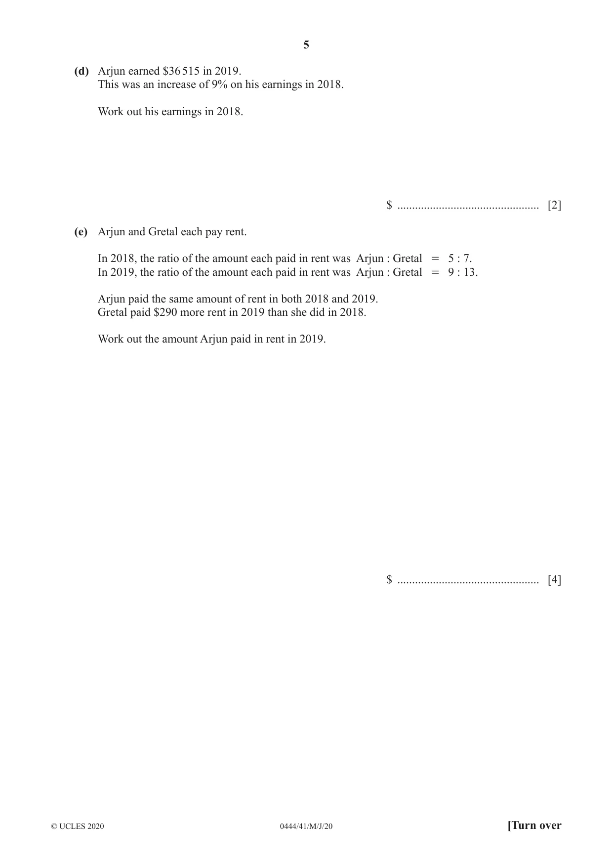 Cambridge IGCSE Mathematics (US) 0444 2020 May/June Paper 4 · Variant 1 question paper, page 5 of 20