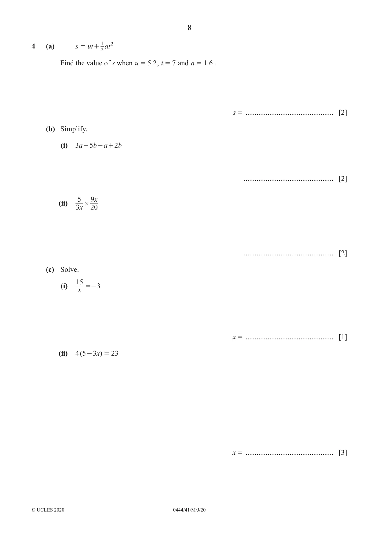 Cambridge IGCSE Mathematics (US) 0444 2020 May/June Paper 4 · Variant 1 question paper, page 8 of 20