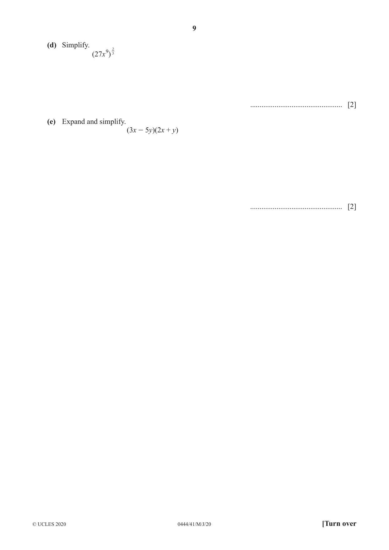Cambridge IGCSE Mathematics (US) 0444 2020 May/June Paper 4 · Variant 1 question paper, page 9 of 20