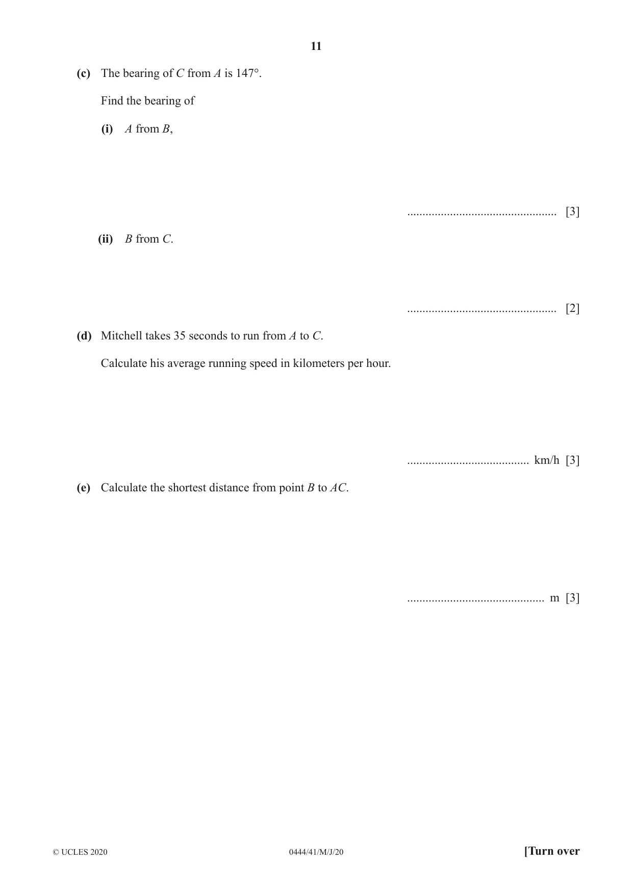 Cambridge IGCSE Mathematics (US) 0444 2020 May/June Paper 4 · Variant 1 question paper, page 11 of 20