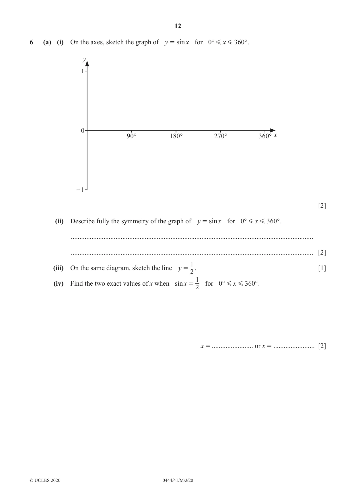 Cambridge IGCSE Mathematics (US) 0444 2020 May/June Paper 4 · Variant 1 question paper, page 12 of 20