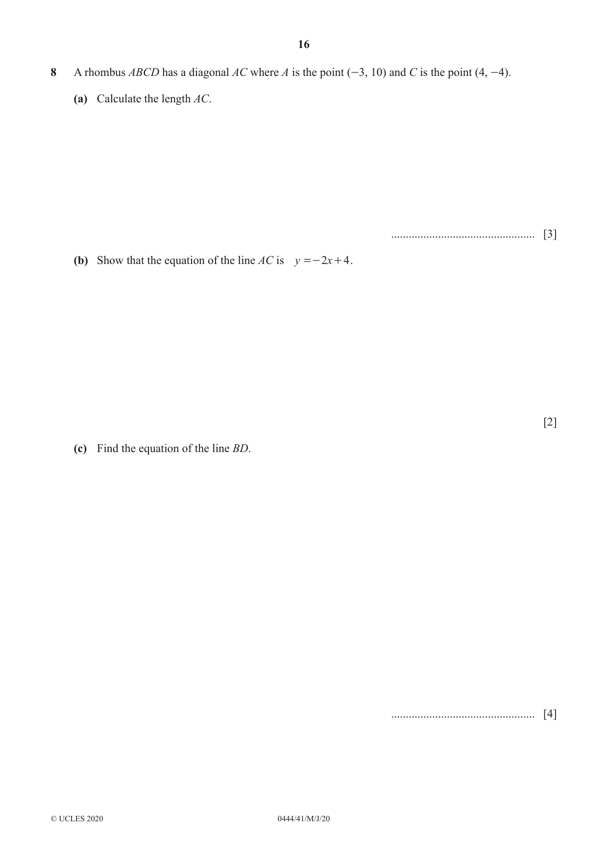 Cambridge IGCSE Mathematics (US) 0444 2020 May/June Paper 4 · Variant 1 question paper, page 16 of 20