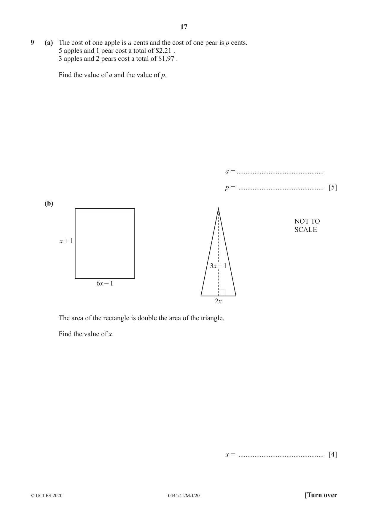 Cambridge IGCSE Mathematics (US) 0444 2020 May/June Paper 4 · Variant 1 question paper, page 17 of 20