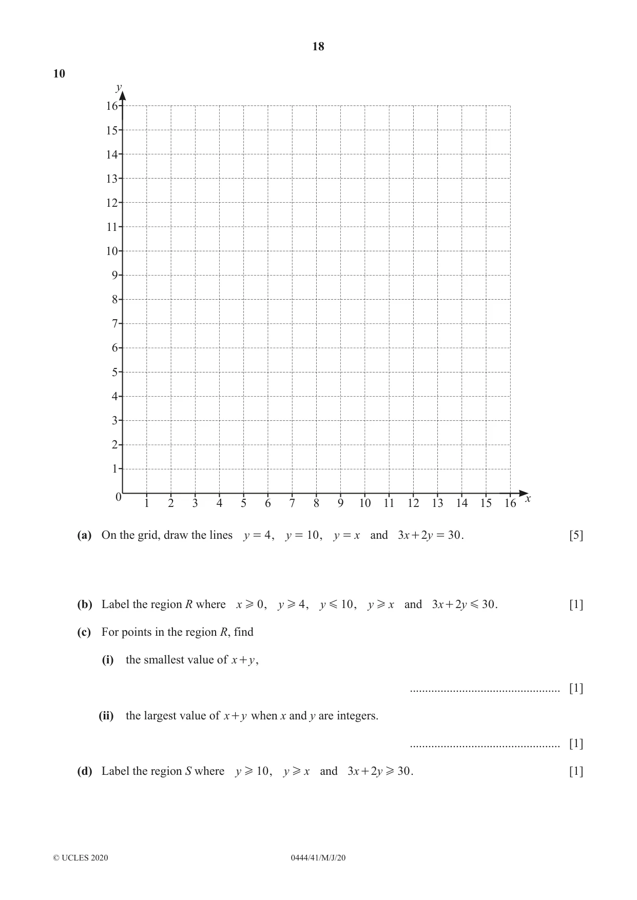 Cambridge IGCSE Mathematics (US) 0444 2020 May/June Paper 4 · Variant 1 question paper, page 18 of 20