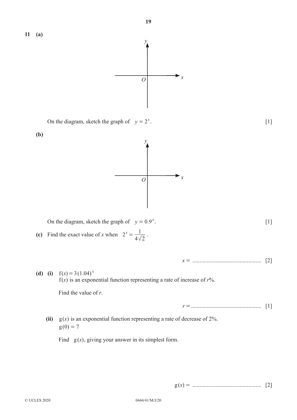Cambridge IGCSE Mathematics (US) 0444 2020 May/June Paper 4 · Variant 1 question paper, page 19 of 20