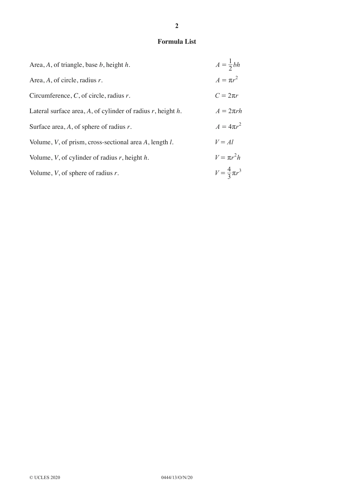 Cambridge IGCSE Mathematics (US) 0444 2020 Oct/Nov Paper 1 · Variant 3 question paper, page 2 of 12