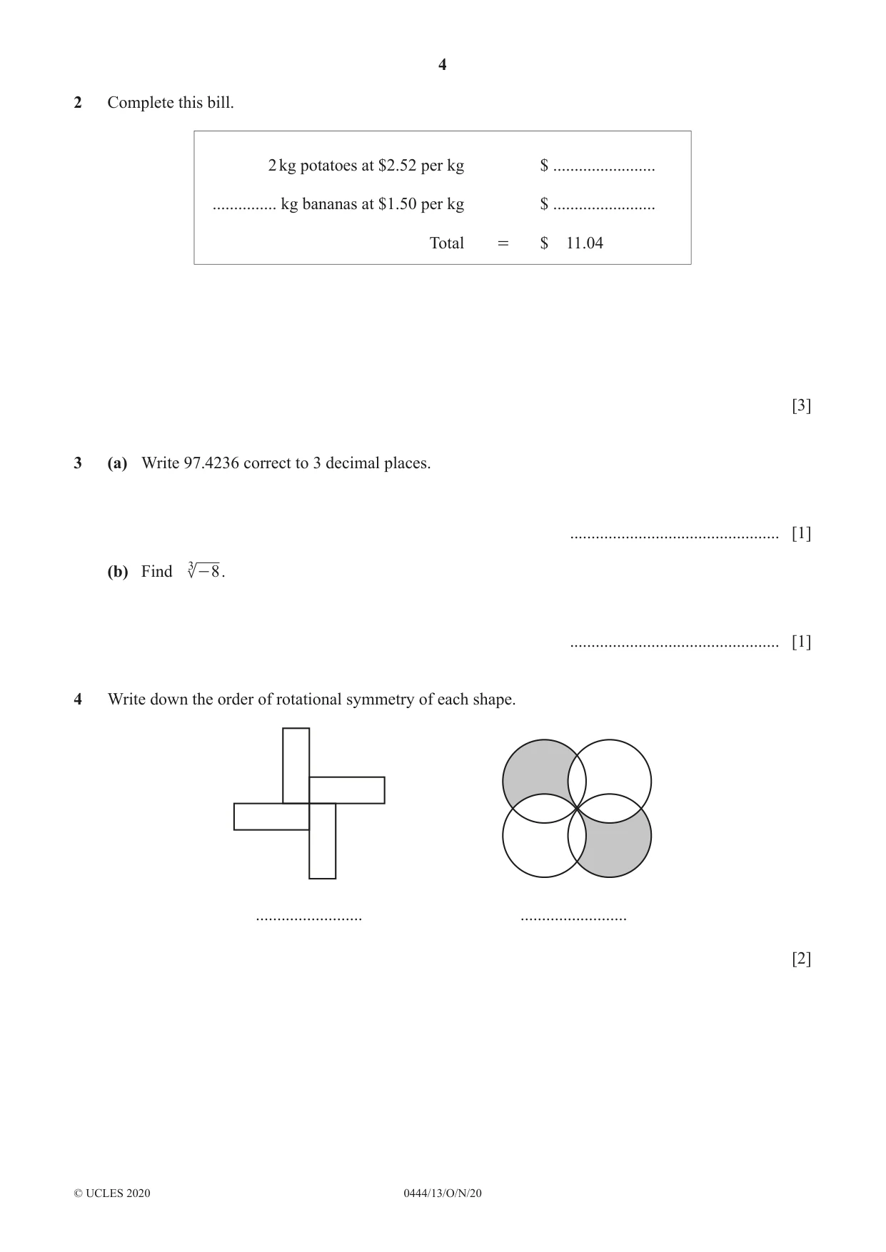 Cambridge IGCSE Mathematics (US) 0444 2020 Oct/Nov Paper 1 · Variant 3 question paper, page 4 of 12
