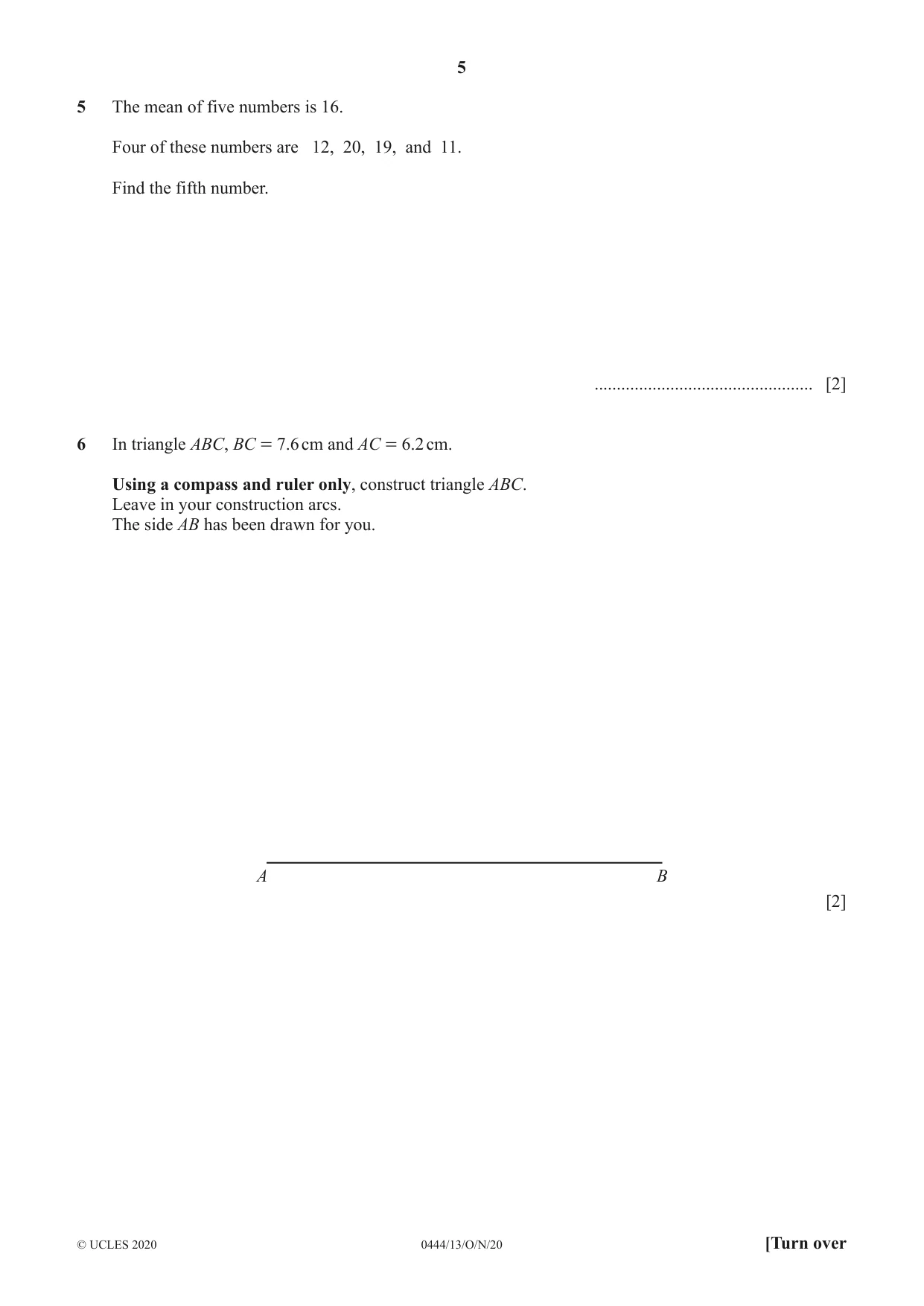 Cambridge IGCSE Mathematics (US) 0444 2020 Oct/Nov Paper 1 · Variant 3 question paper, page 5 of 12