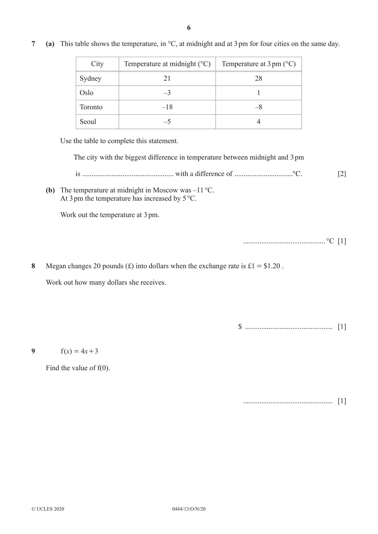 Cambridge IGCSE Mathematics (US) 0444 2020 Oct/Nov Paper 1 · Variant 3 question paper, page 6 of 12