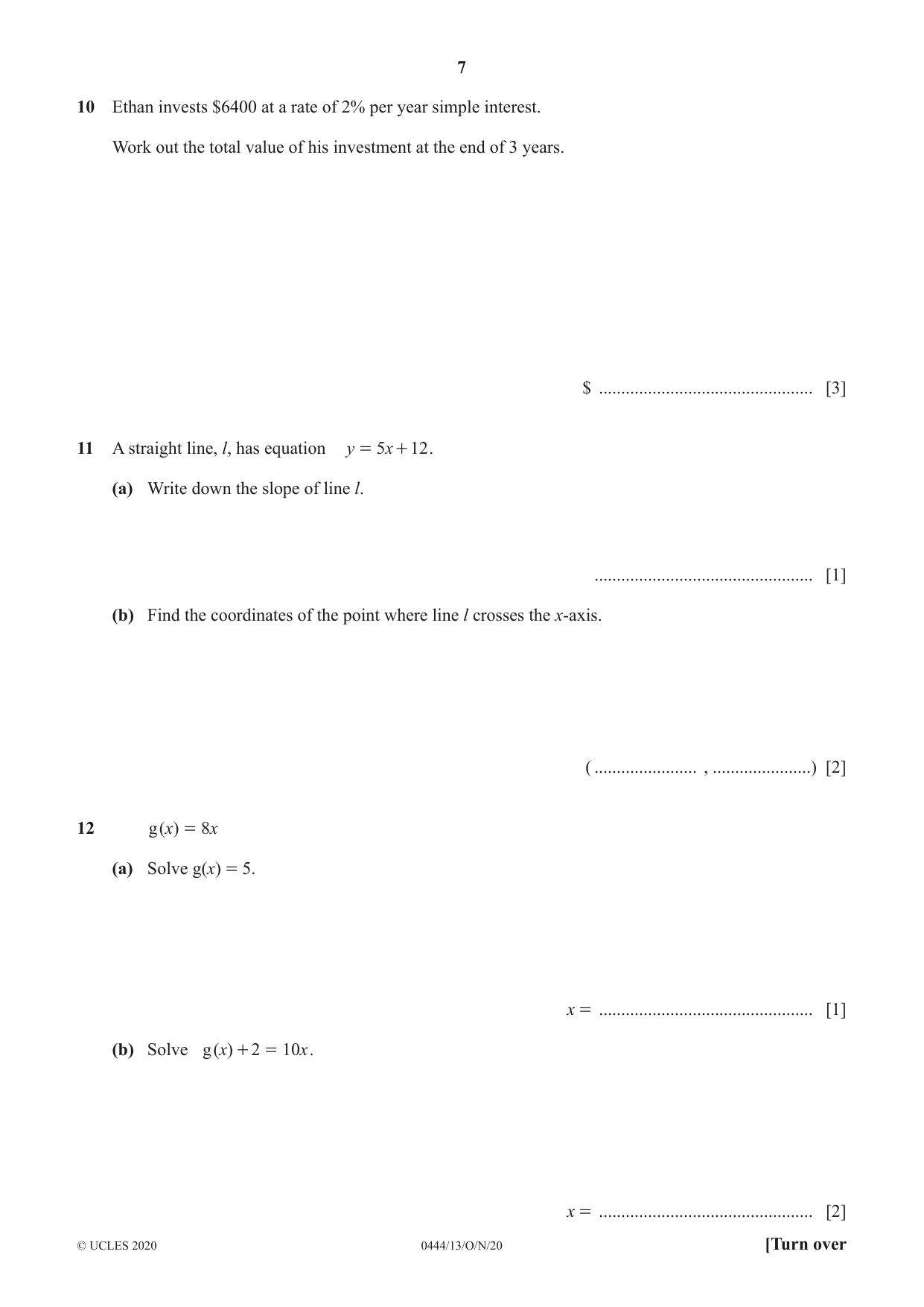Cambridge IGCSE Mathematics (US) 0444 2020 Oct/Nov Paper 1 · Variant 3 question paper, page 7 of 12