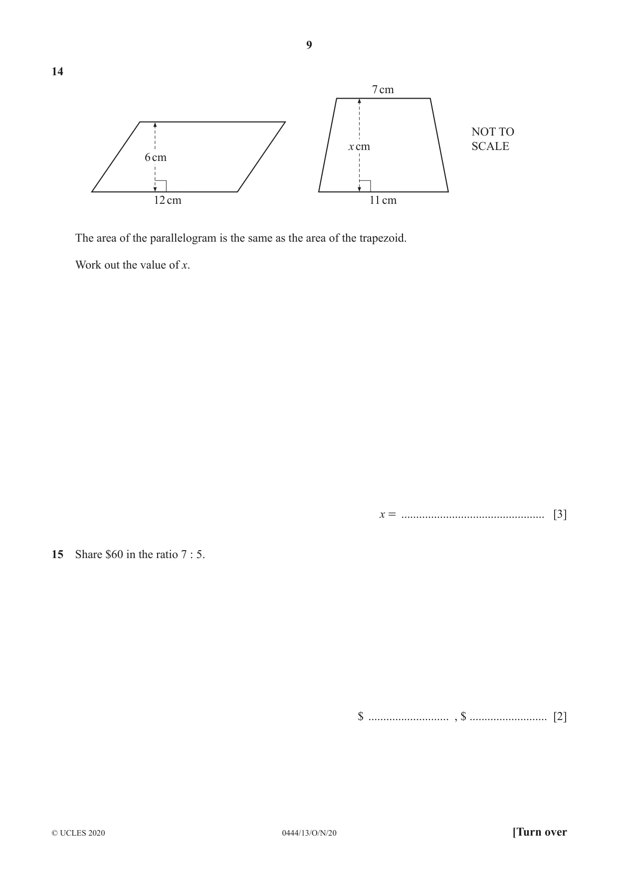 Cambridge IGCSE Mathematics (US) 0444 2020 Oct/Nov Paper 1 · Variant 3 question paper, page 9 of 12