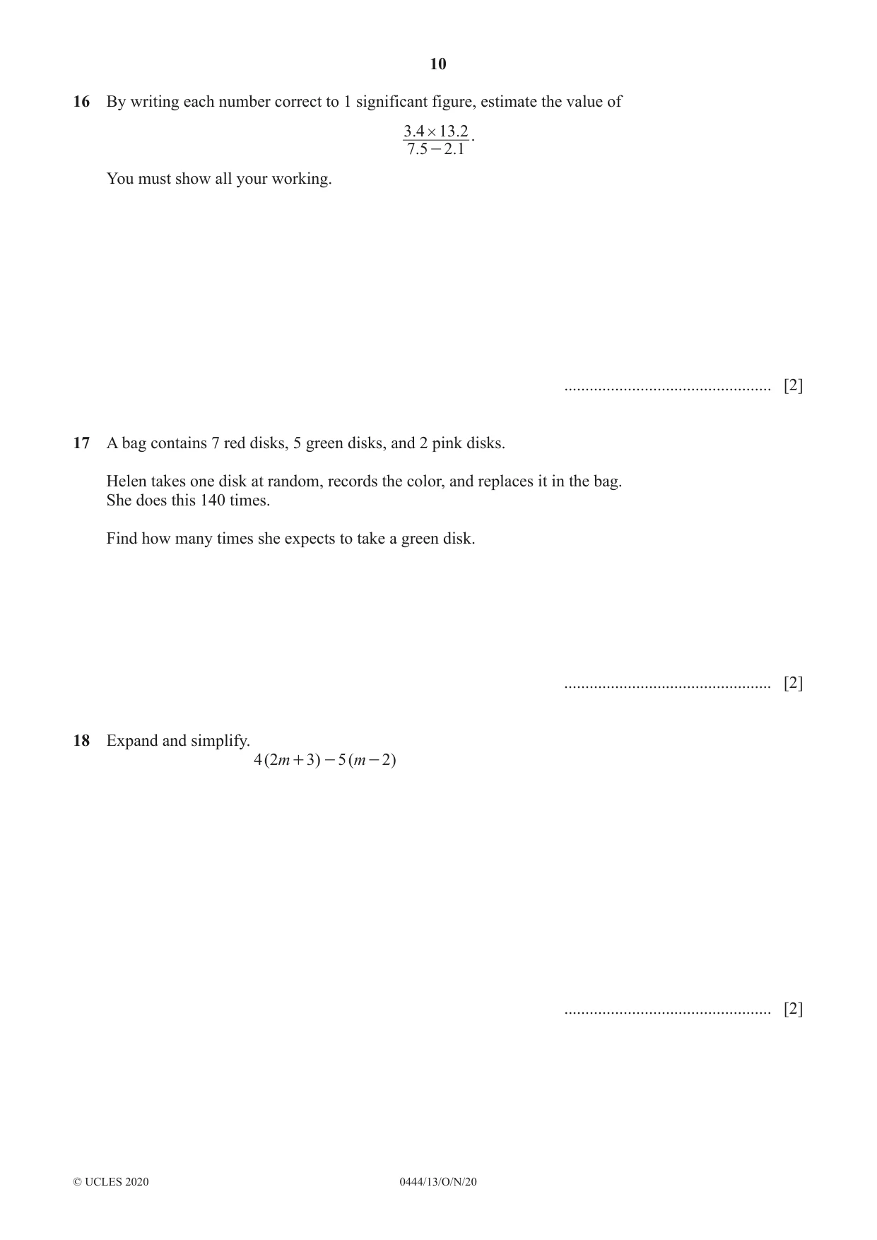 Cambridge IGCSE Mathematics (US) 0444 2020 Oct/Nov Paper 1 · Variant 3 question paper, page 10 of 12