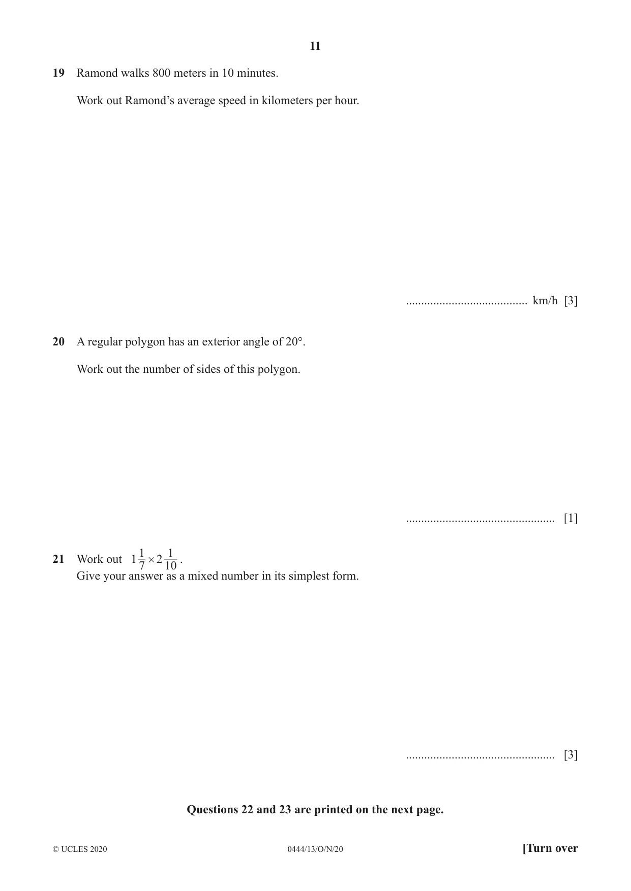Cambridge IGCSE Mathematics (US) 0444 2020 Oct/Nov Paper 1 · Variant 3 question paper, page 11 of 12