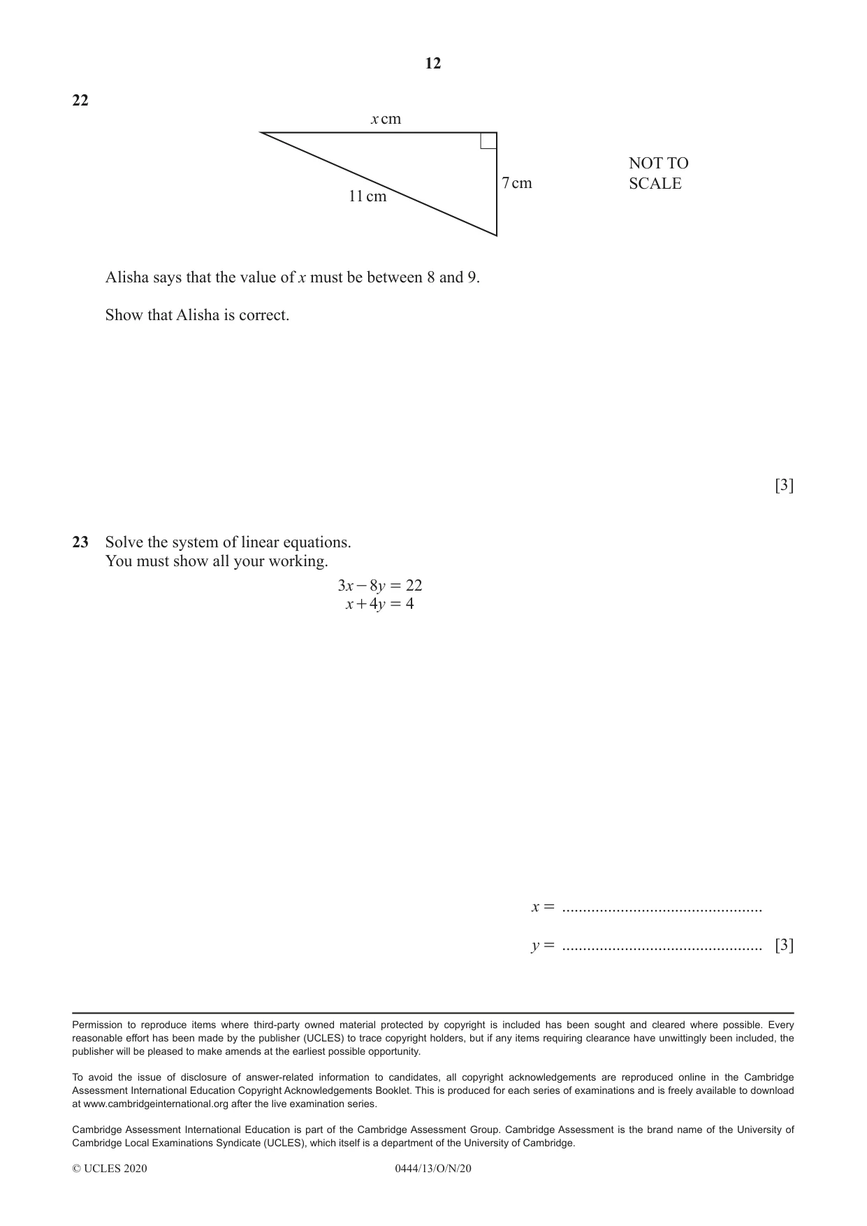 Cambridge IGCSE Mathematics (US) 0444 2020 Oct/Nov Paper 1 · Variant 3 question paper, page 12 of 12