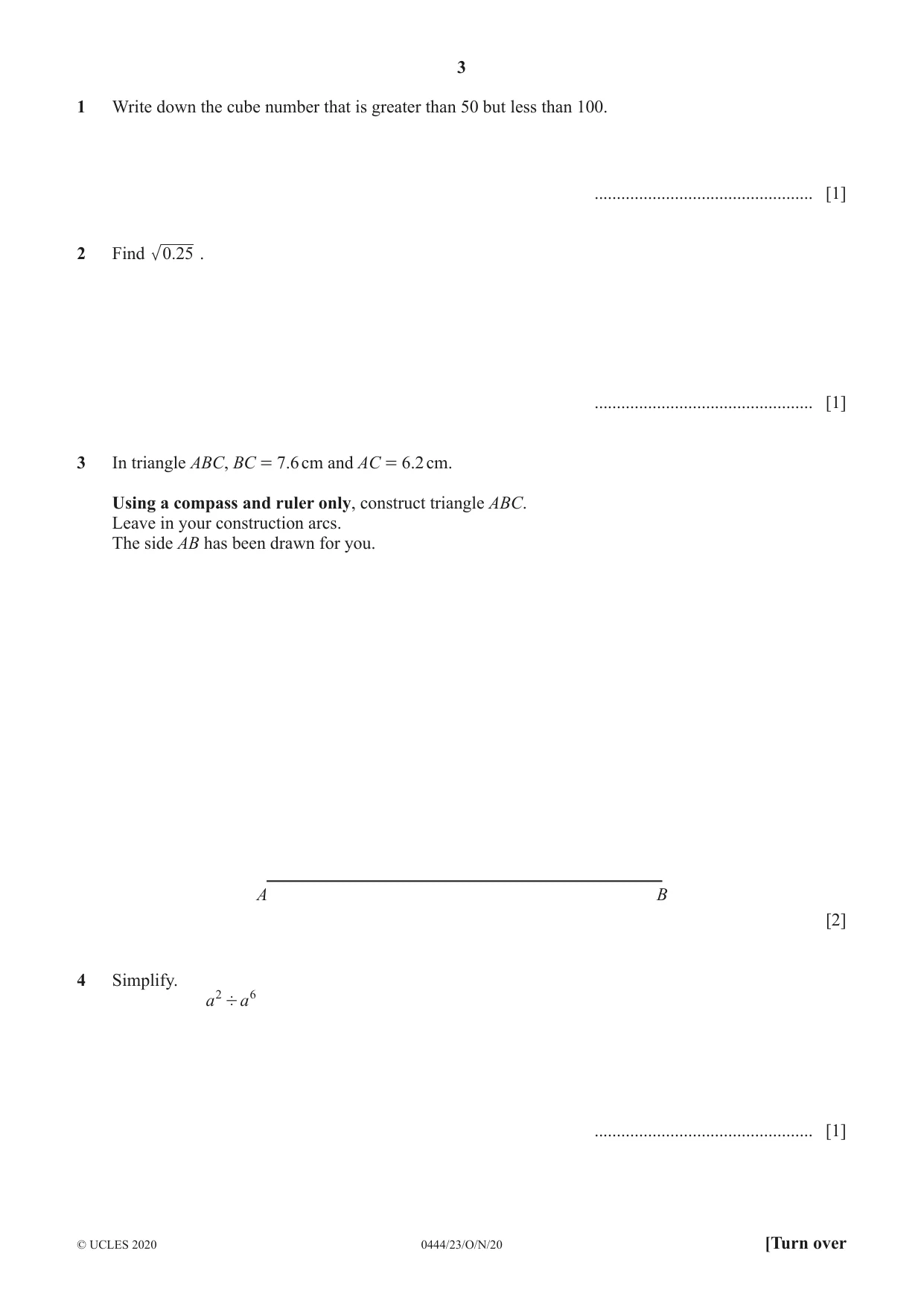 Cambridge IGCSE Mathematics (US) 0444 2020 Oct/Nov Paper 2 · Variant 3 question paper, page 3 of 12