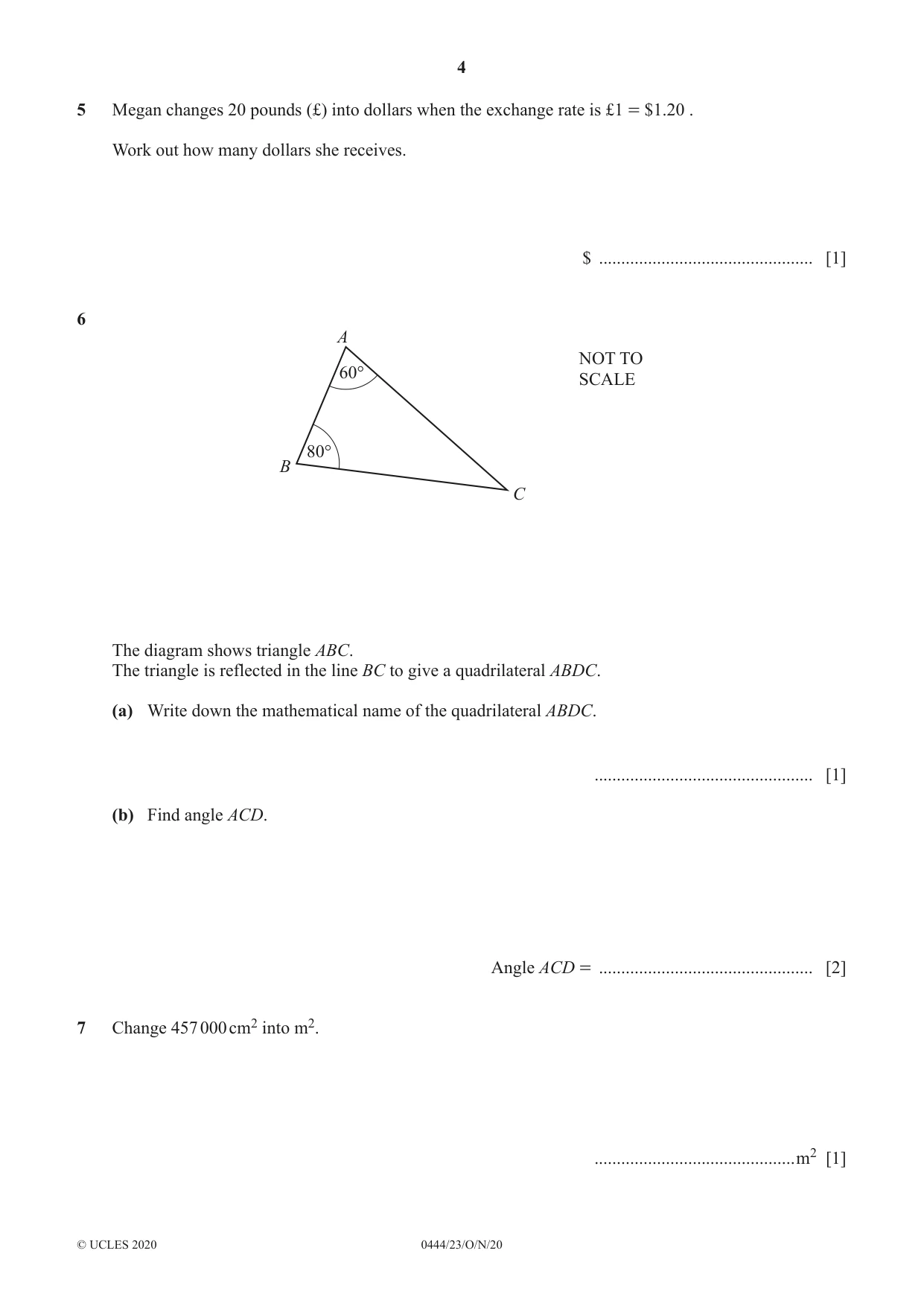 Cambridge IGCSE Mathematics (US) 0444 2020 Oct/Nov Paper 2 · Variant 3 question paper, page 4 of 12