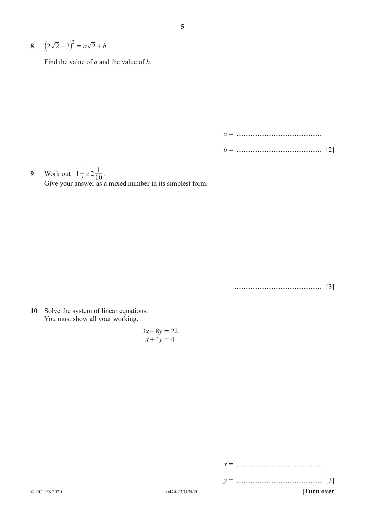 Cambridge IGCSE Mathematics (US) 0444 2020 Oct/Nov Paper 2 · Variant 3 question paper, page 5 of 12