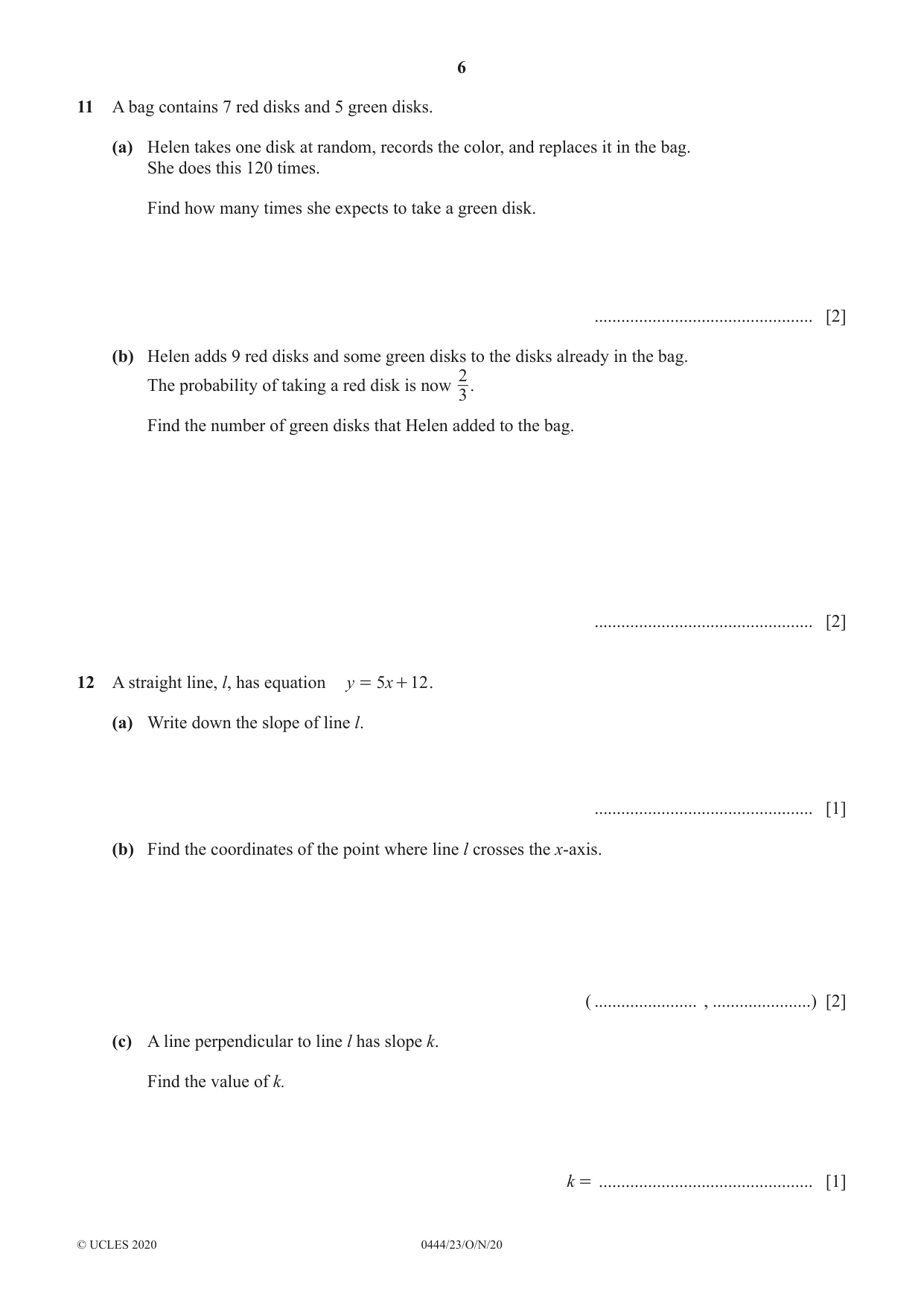 Cambridge IGCSE Mathematics (US) 0444 2020 Oct/Nov Paper 2 · Variant 3 question paper, page 6 of 12