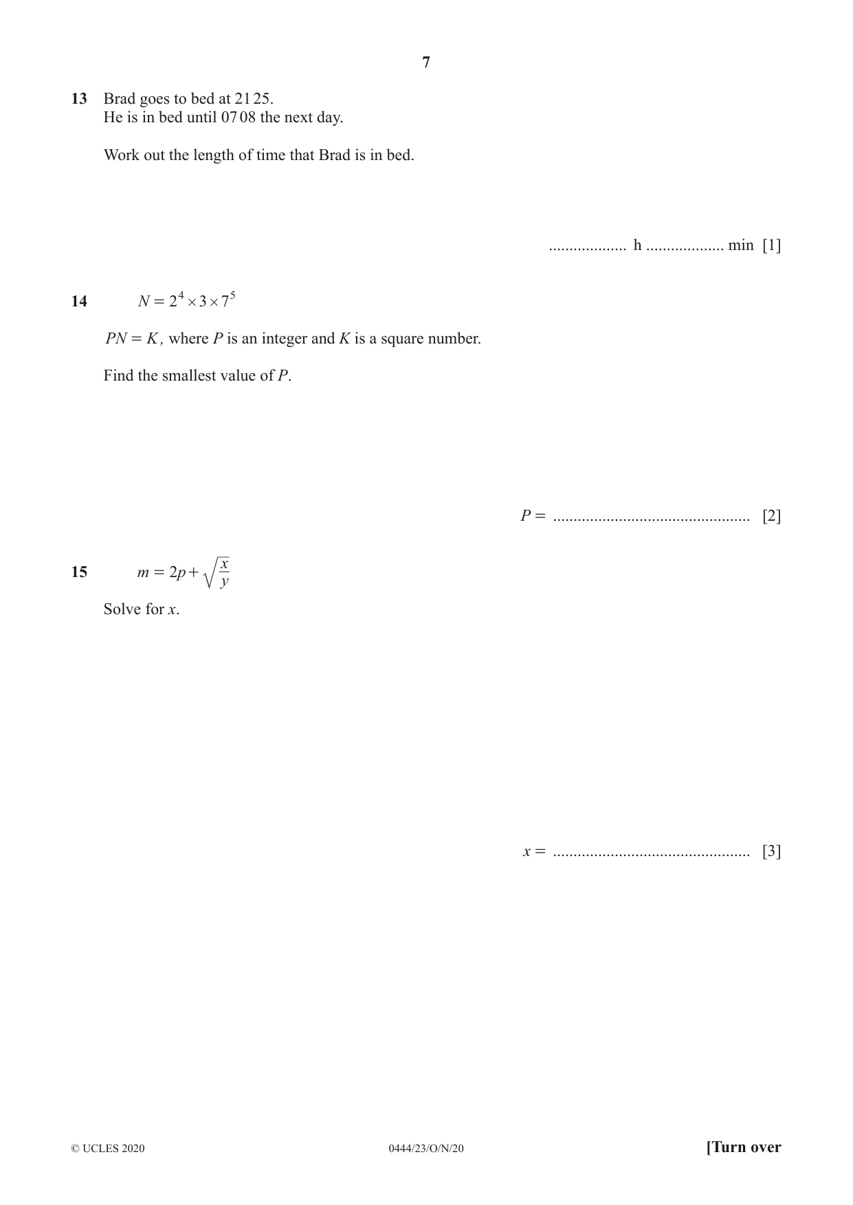 Cambridge IGCSE Mathematics (US) 0444 2020 Oct/Nov Paper 2 · Variant 3 question paper, page 7 of 12