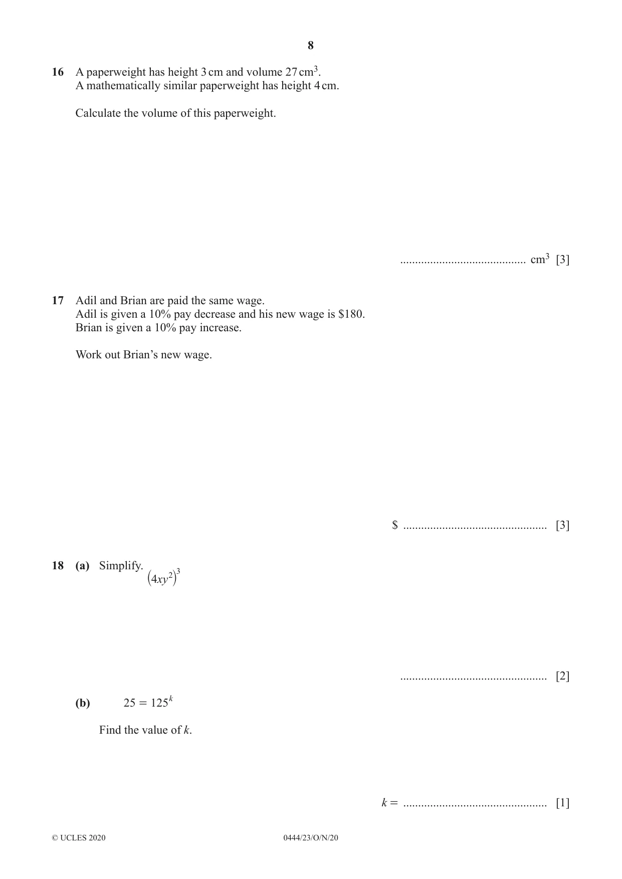Cambridge IGCSE Mathematics (US) 0444 2020 Oct/Nov Paper 2 · Variant 3 question paper, page 8 of 12