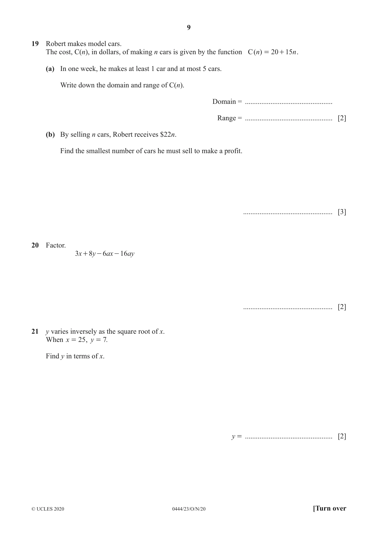 Cambridge IGCSE Mathematics (US) 0444 2020 Oct/Nov Paper 2 · Variant 3 question paper, page 9 of 12