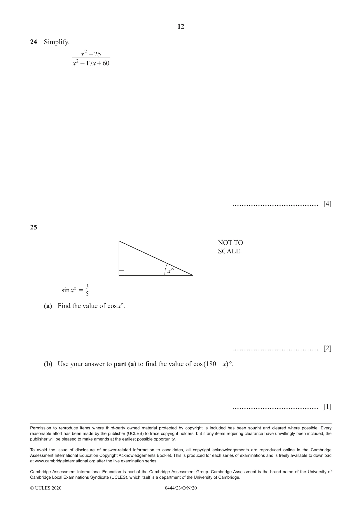 Cambridge IGCSE Mathematics (US) 0444 2020 Oct/Nov Paper 2 · Variant 3 question paper, page 12 of 12