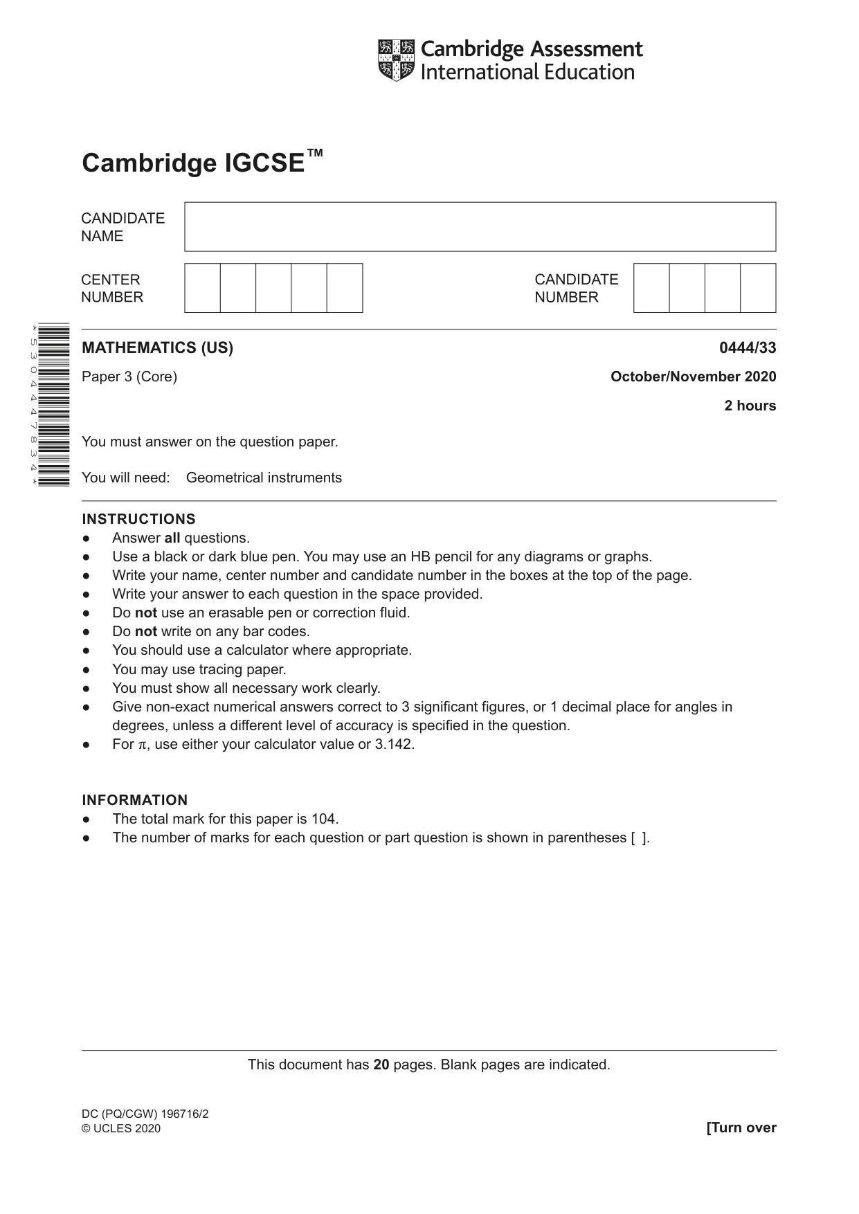 Cambridge IGCSE Mathematics (US) 0444 2020 Oct/Nov Paper 3 · Variant 3 question paper, page 1 of 20