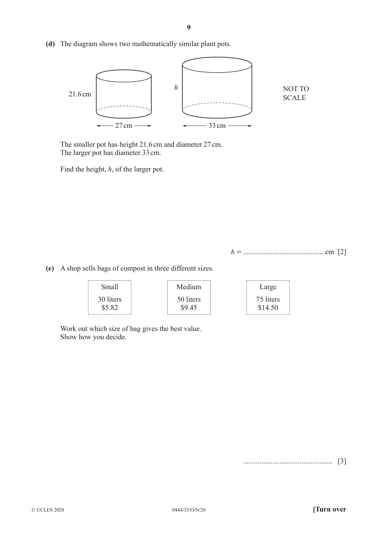 Cambridge IGCSE Mathematics (US) 0444 2020 Oct/Nov Paper 3 · Variant 3 question paper, page 9 of 20
