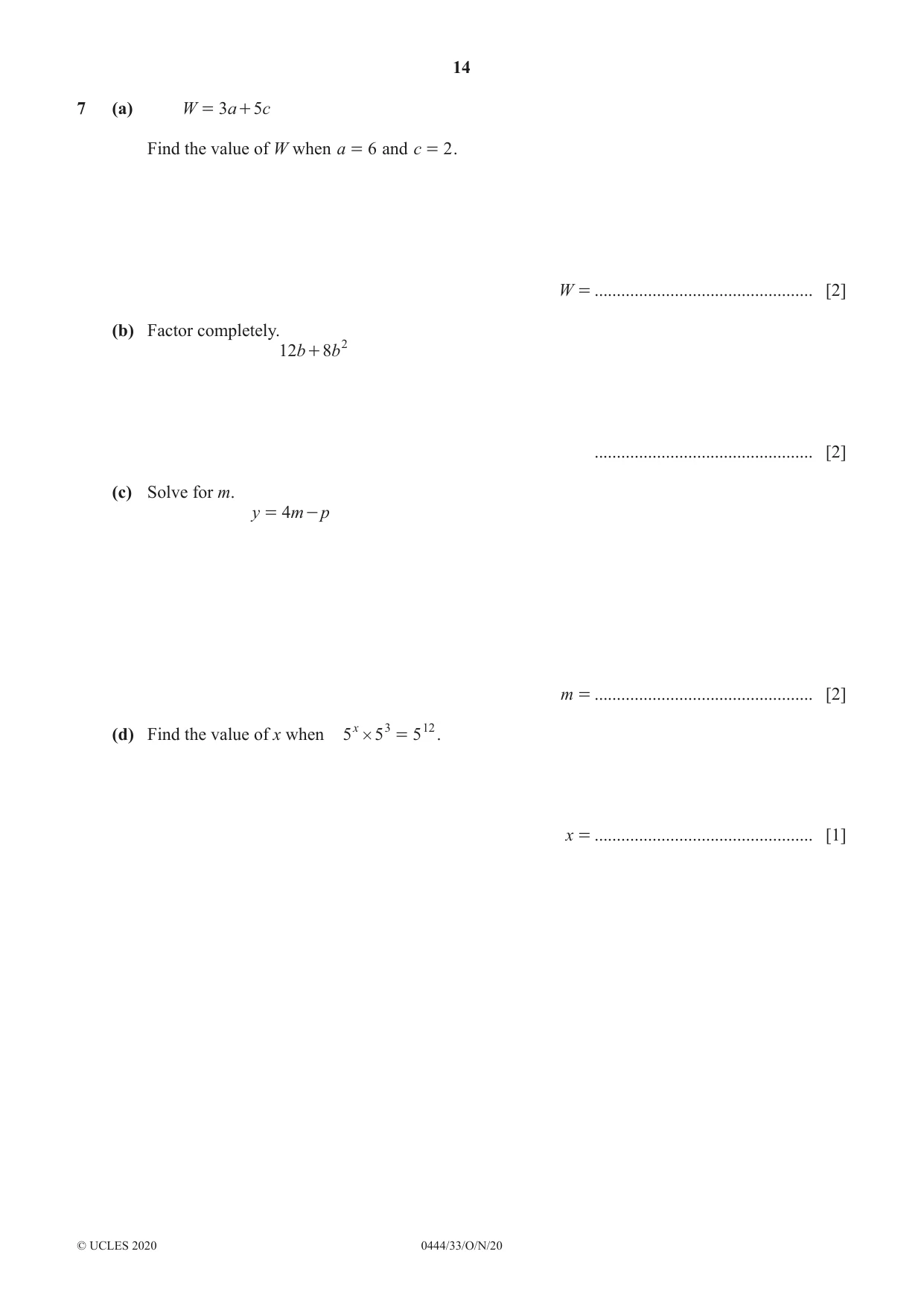 Cambridge IGCSE Mathematics (US) 0444 2020 Oct/Nov Paper 3 · Variant 3 question paper, page 14 of 20