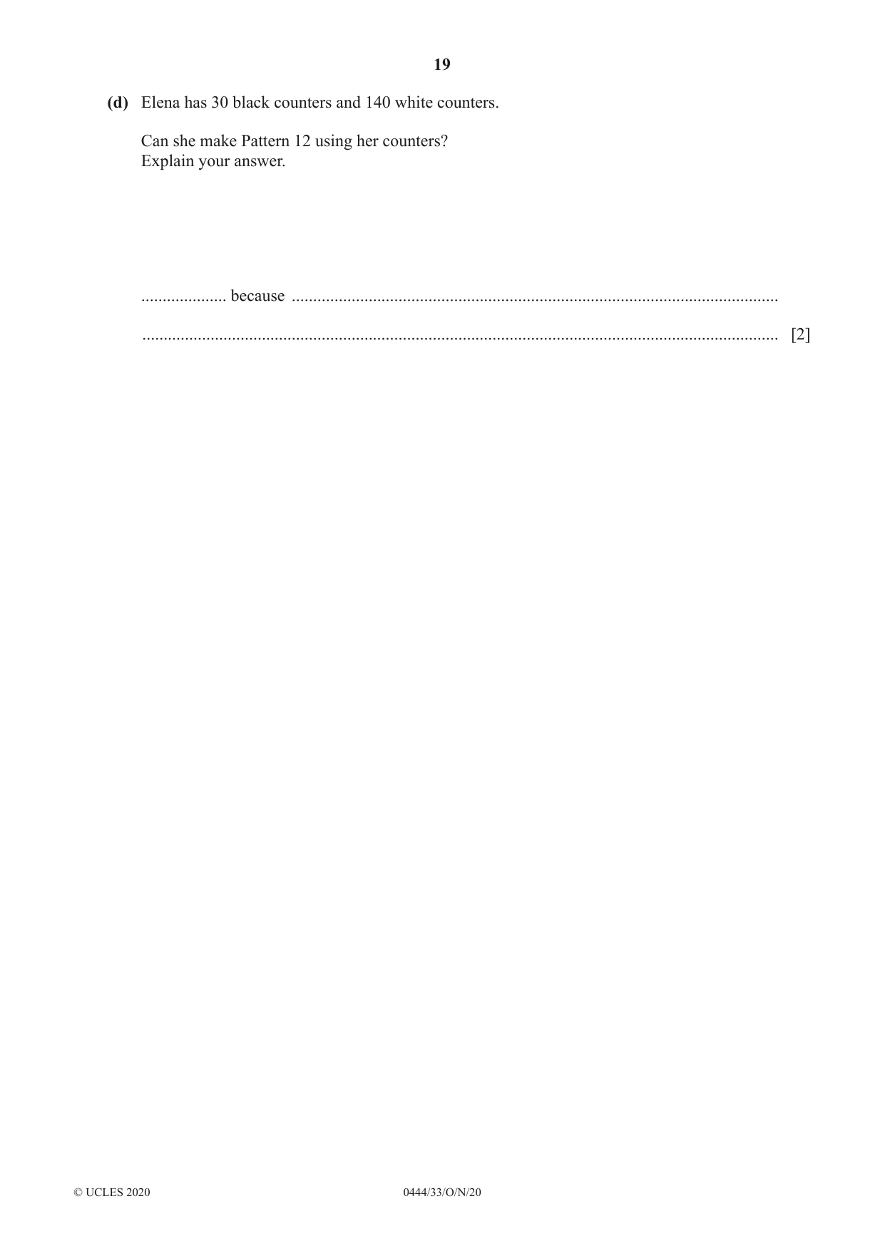 Cambridge IGCSE Mathematics (US) 0444 2020 Oct/Nov Paper 3 · Variant 3 question paper, page 19 of 20