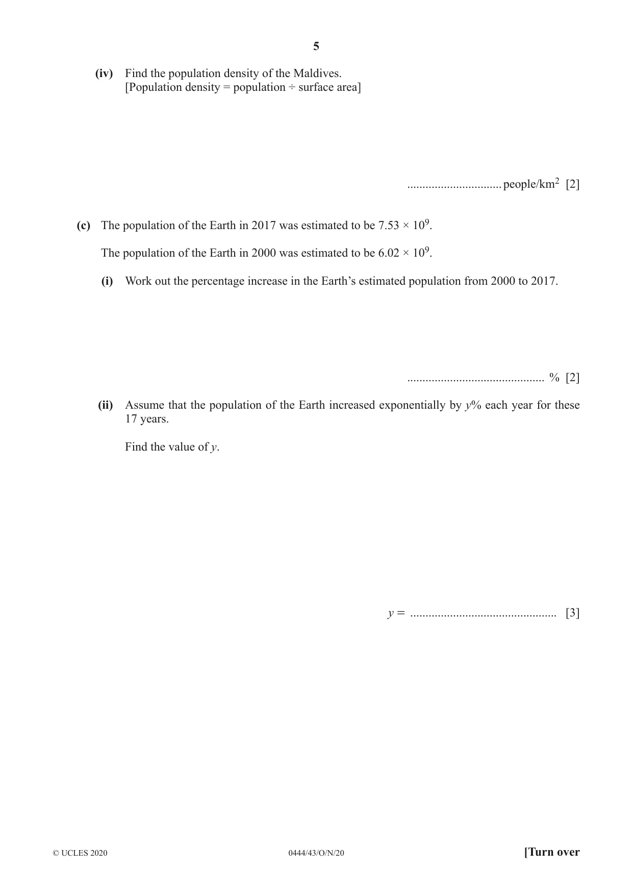 Cambridge IGCSE Mathematics (US) 0444 2020 Oct/Nov Paper 4 · Variant 3 question paper, page 5 of 20