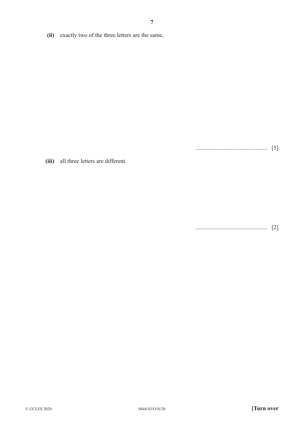 Cambridge IGCSE Mathematics (US) 0444 2020 Oct/Nov Paper 4 · Variant 3 question paper, page 7 of 20
