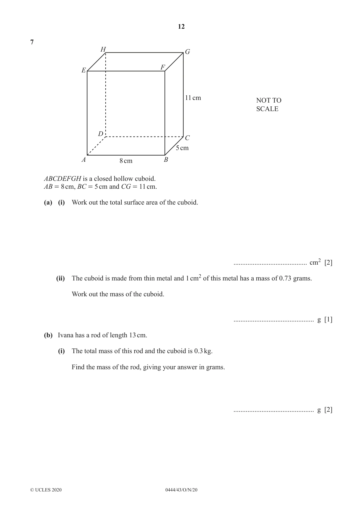 Cambridge IGCSE Mathematics (US) 0444 2020 Oct/Nov Paper 4 · Variant 3 question paper, page 12 of 20