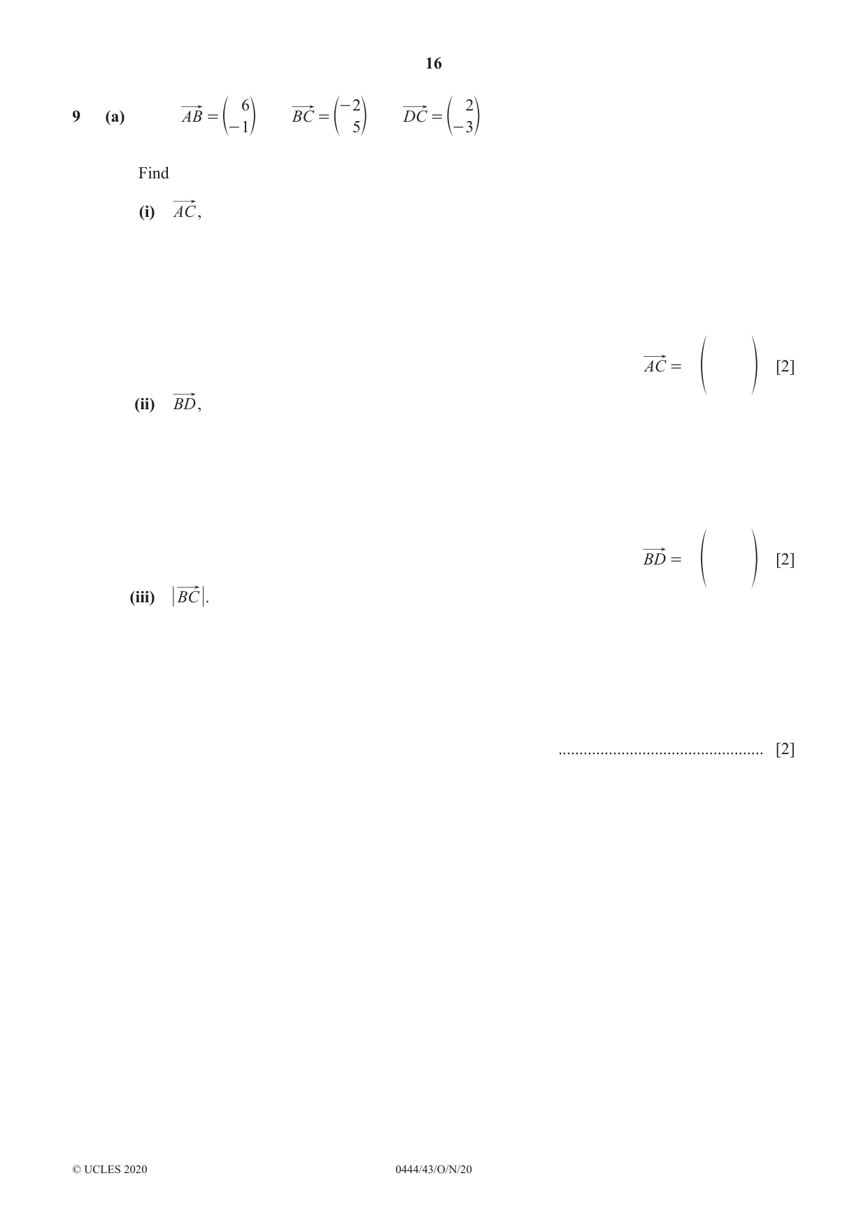 Cambridge IGCSE Mathematics (US) 0444 2020 Oct/Nov Paper 4 · Variant 3 question paper, page 16 of 20