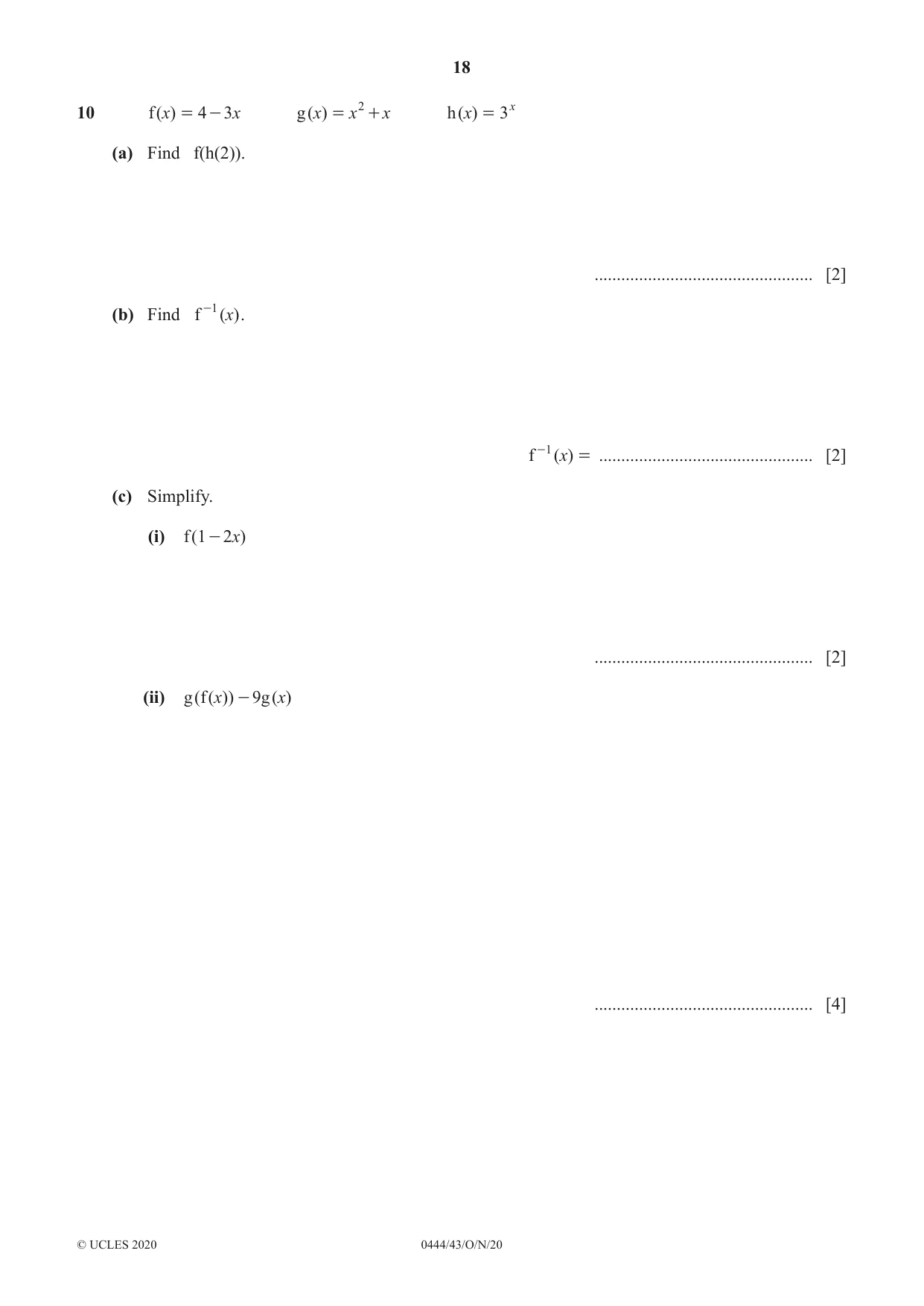 Cambridge IGCSE Mathematics (US) 0444 2020 Oct/Nov Paper 4 · Variant 3 question paper, page 18 of 20