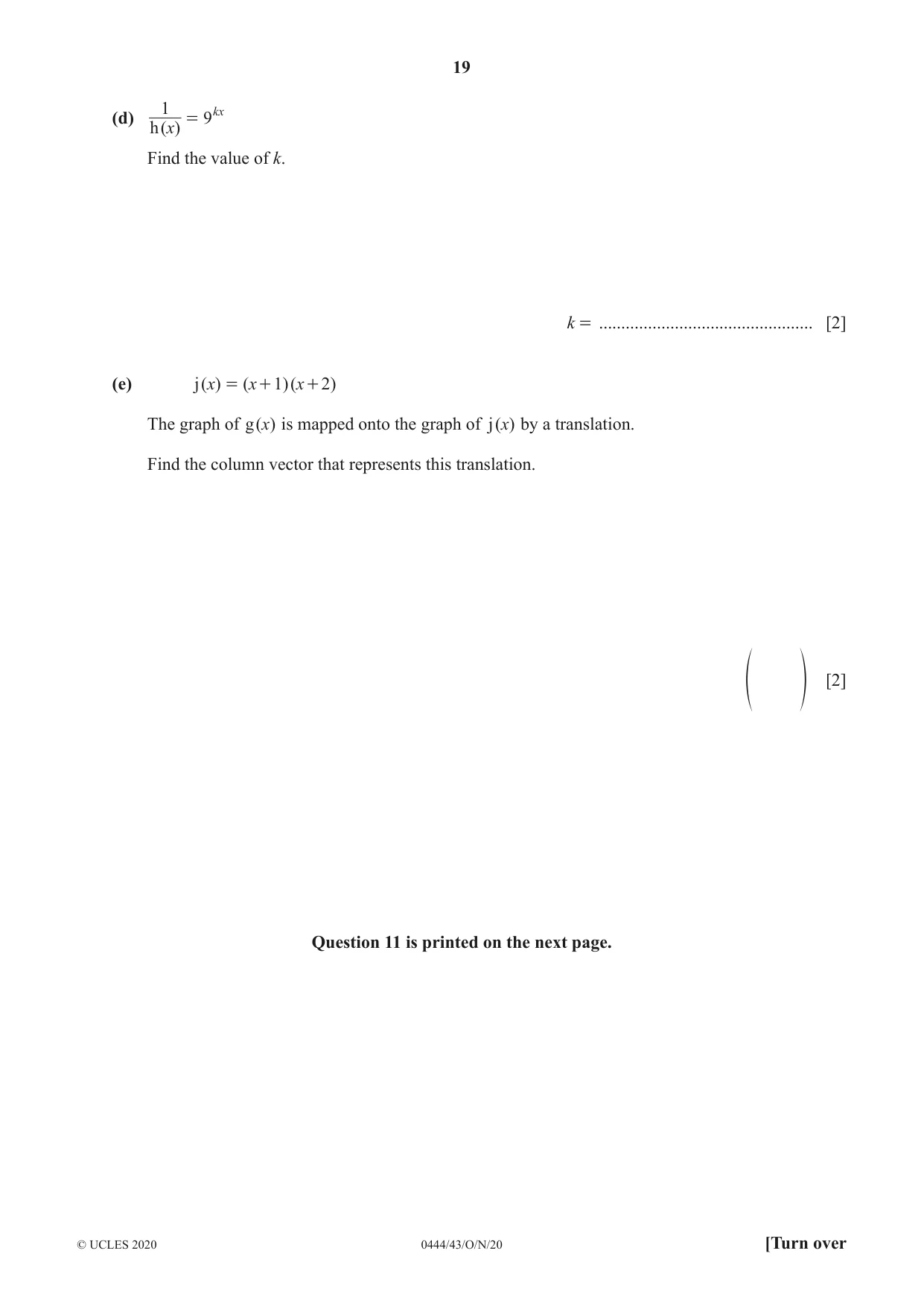Cambridge IGCSE Mathematics (US) 0444 2020 Oct/Nov Paper 4 · Variant 3 question paper, page 19 of 20