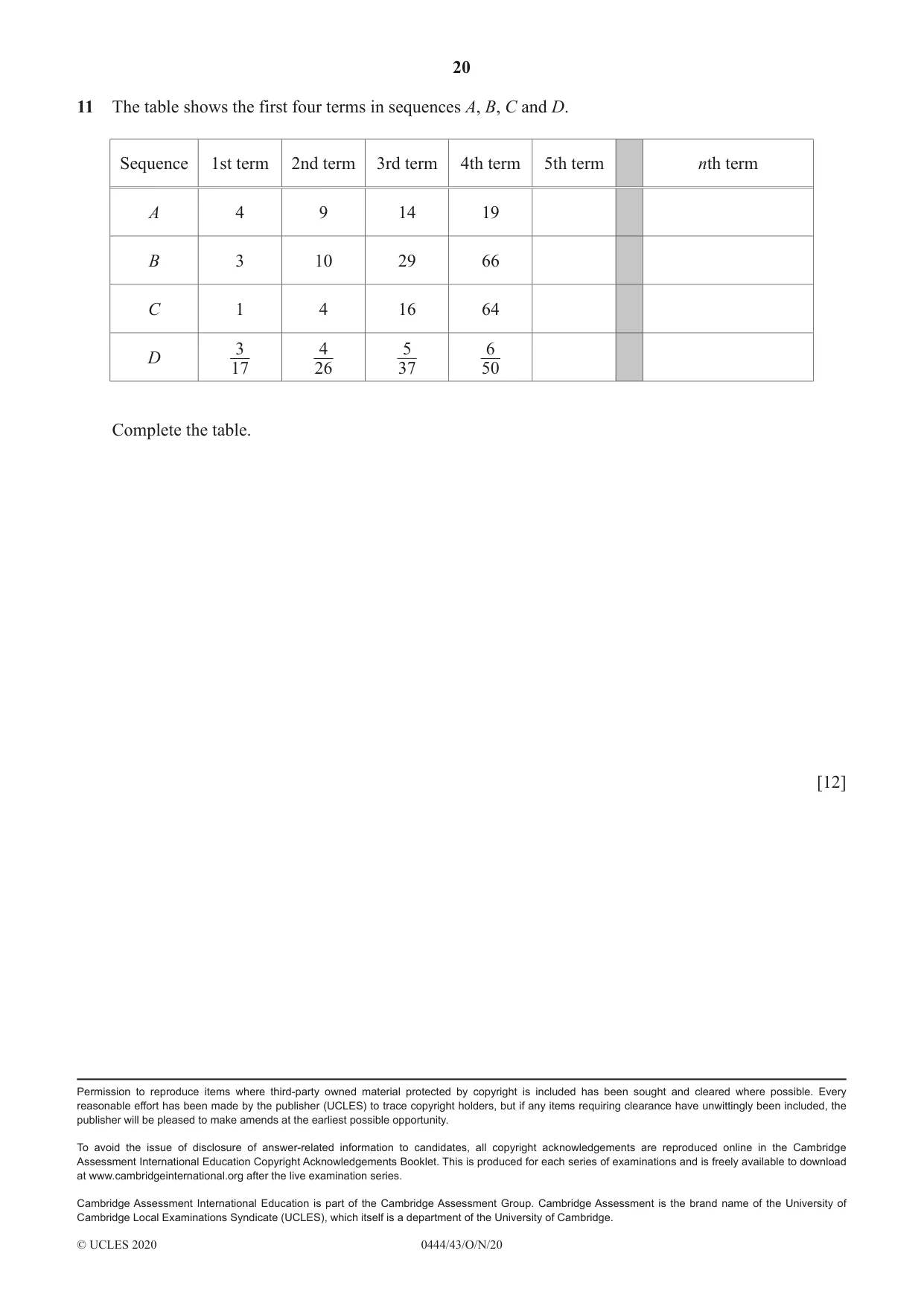 Cambridge IGCSE Mathematics (US) 0444 2020 Oct/Nov Paper 4 · Variant 3 question paper, page 20 of 20