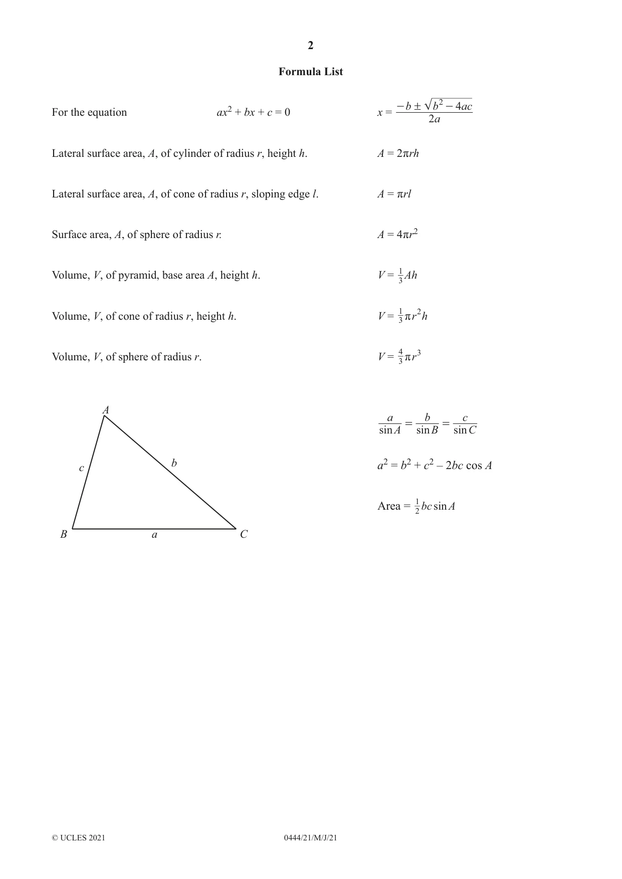 Cambridge IGCSE Mathematics (US) 0444 2021 May/June Paper 2 · Variant 1 question paper, page 2 of 12