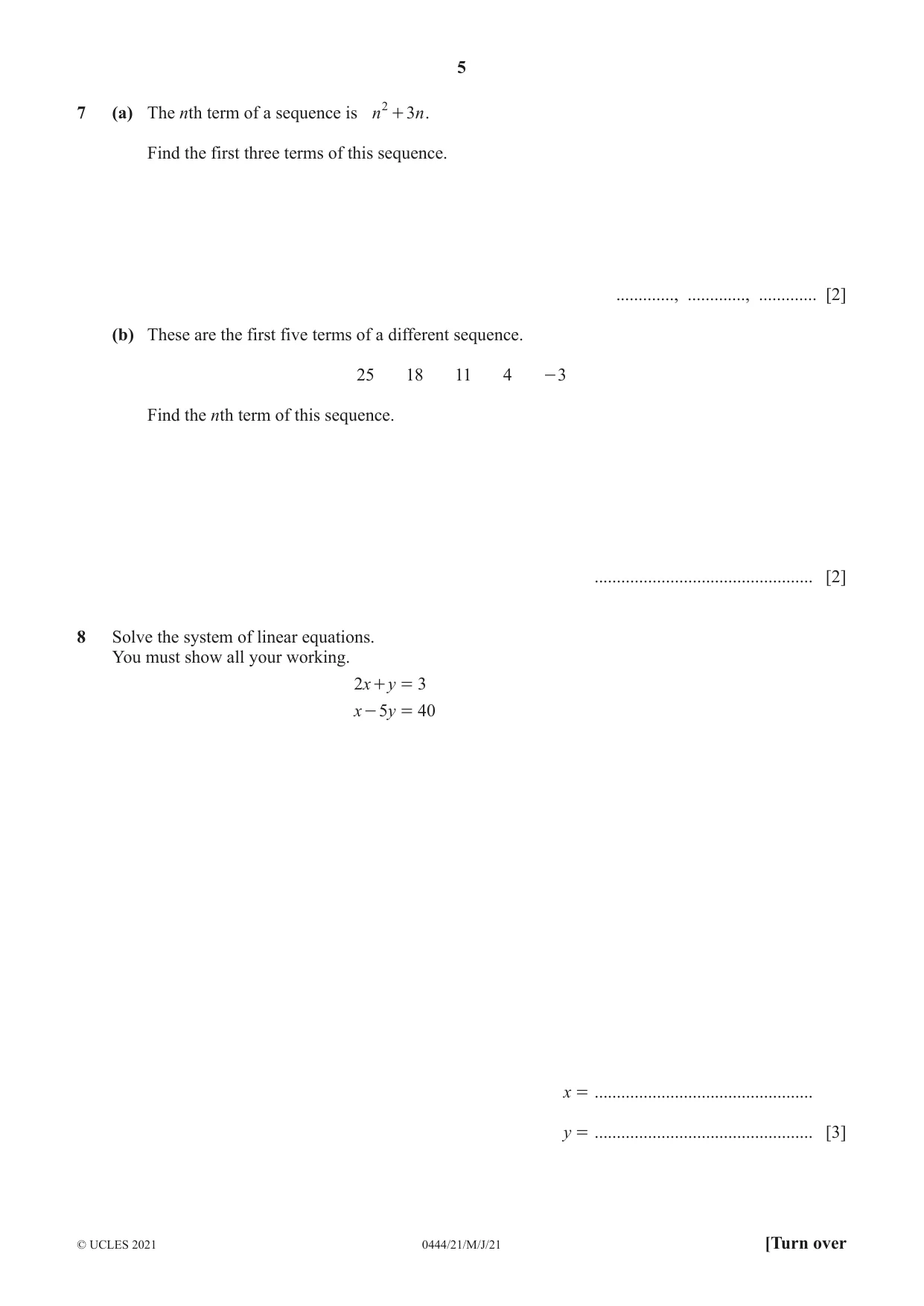 Cambridge IGCSE Mathematics (US) 0444 2021 May/June Paper 2 · Variant 1 question paper, page 5 of 12