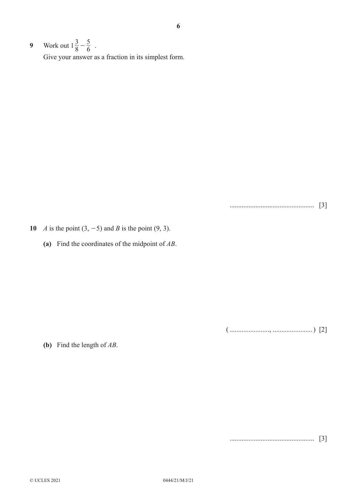 Cambridge IGCSE Mathematics (US) 0444 2021 May/June Paper 2 · Variant 1 question paper, page 6 of 12