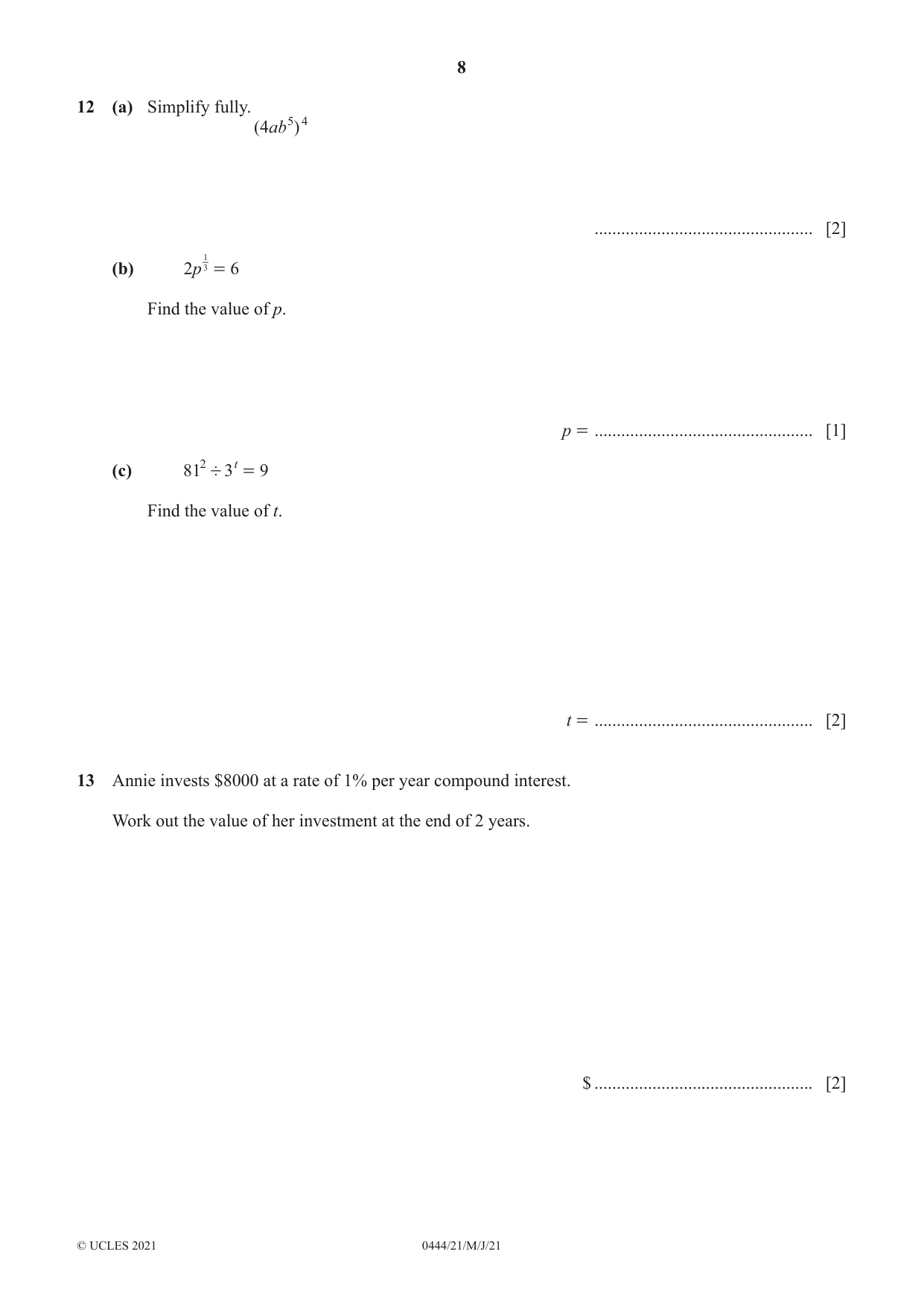 Cambridge IGCSE Mathematics (US) 0444 2021 May/June Paper 2 · Variant 1 question paper, page 8 of 12