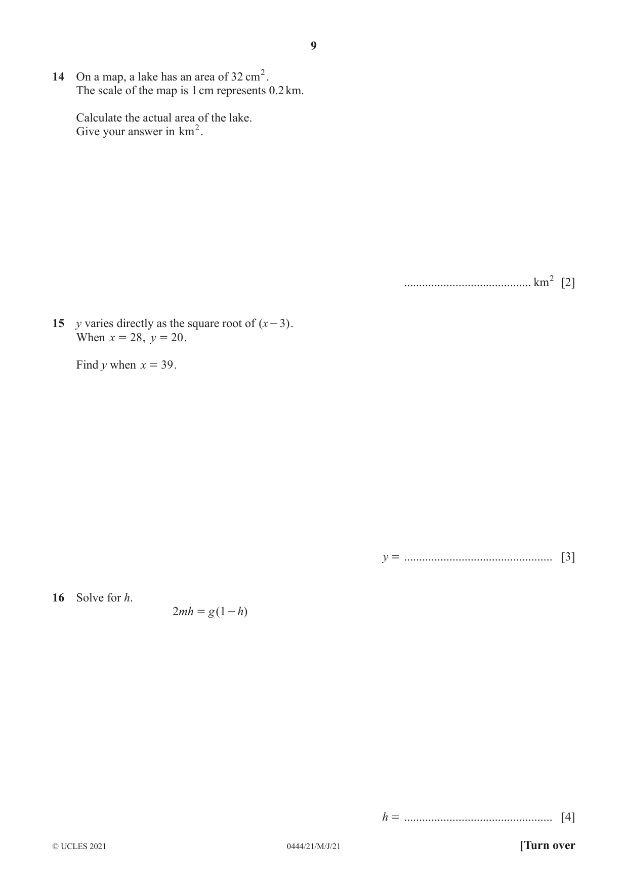Cambridge IGCSE Mathematics (US) 0444 2021 May/June Paper 2 · Variant 1 question paper, page 9 of 12