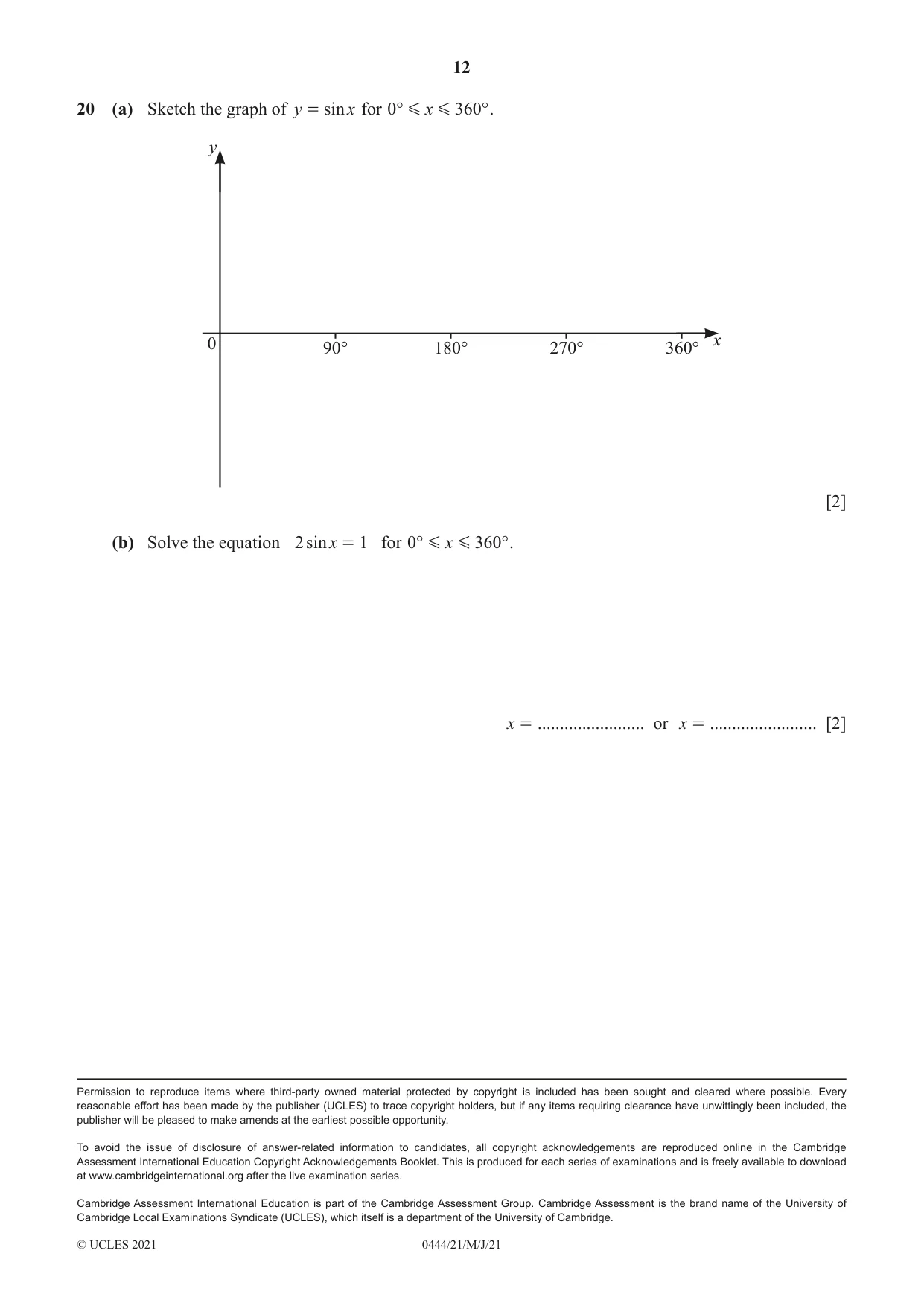 Cambridge IGCSE Mathematics (US) 0444 2021 May/June Paper 2 · Variant 1 question paper, page 12 of 12