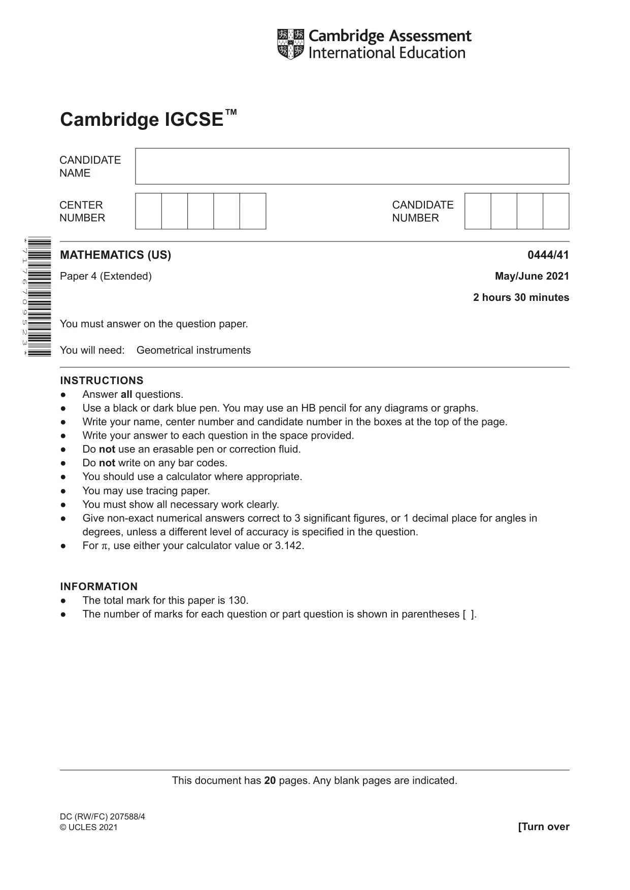 Cambridge IGCSE Mathematics (US) 0444 2021 May/June Paper 4 · Variant 1 question paper, page 1 of 20