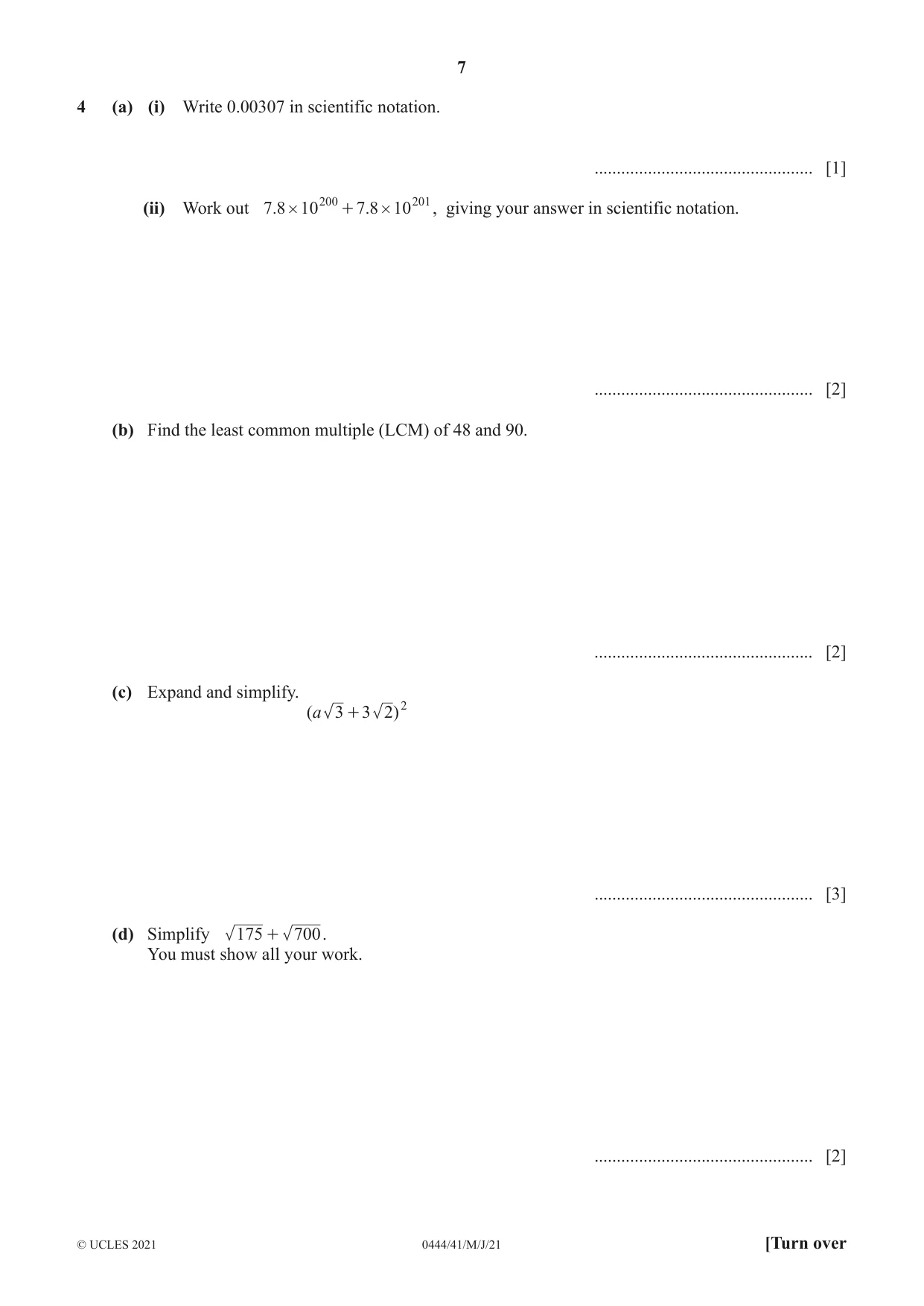 Cambridge IGCSE Mathematics (US) 0444 2021 May/June Paper 4 · Variant 1 question paper, page 7 of 20