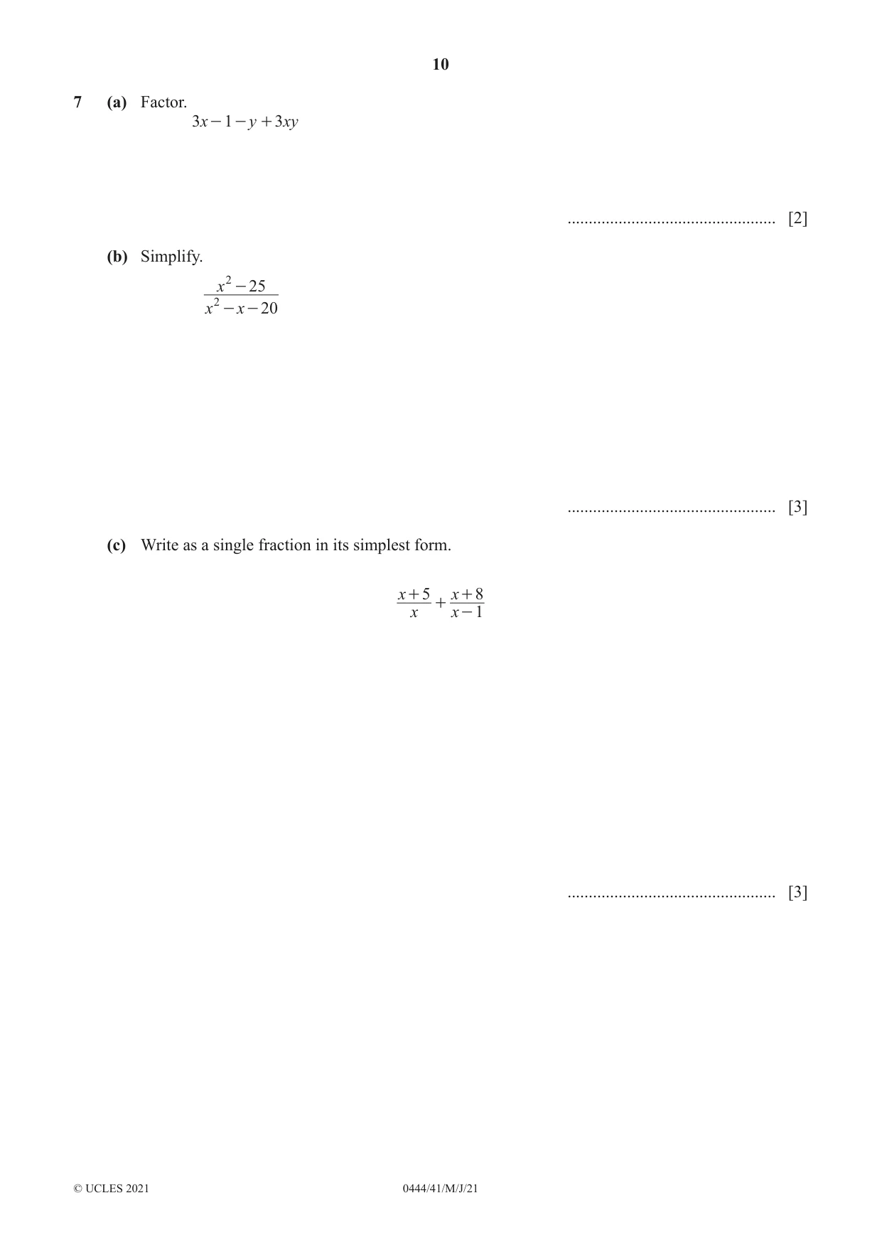 Cambridge IGCSE Mathematics (US) 0444 2021 May/June Paper 4 · Variant 1 question paper, page 10 of 20